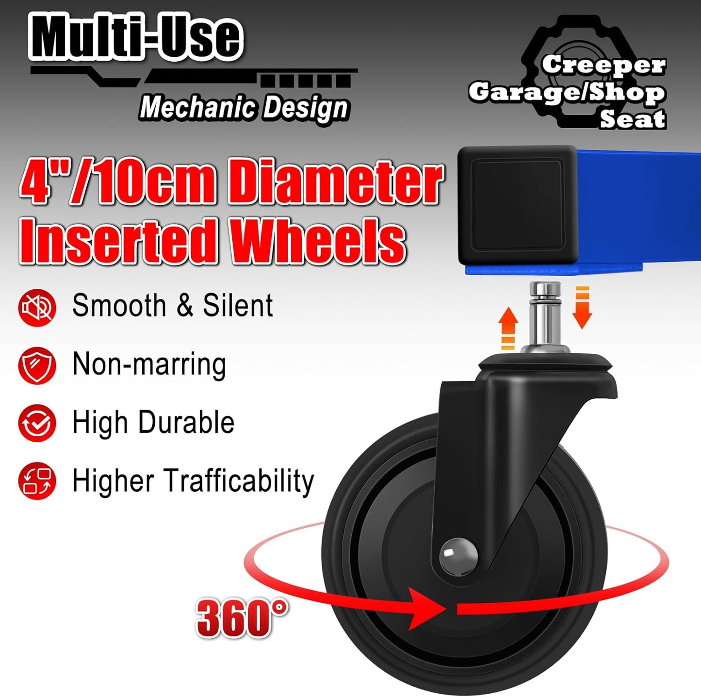 Mechanic Stool with Wheels, Hydraulic Adjustable Shop Stool on Wheels, Garage Work Rolling Chair for Workshop, 400 LBS Capacity, 4 Inch Casters, 360° Swivel Casters Roller Chair, Blue