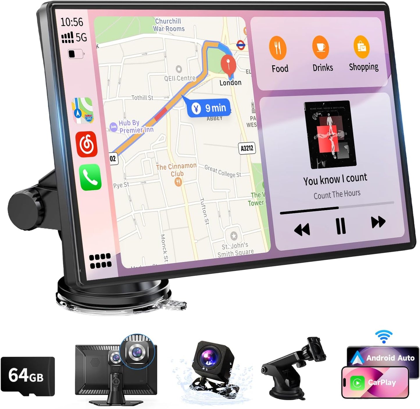 Wireless Carplay Screen for Car, 9" Android Auto Screen with 4K Dashcam, A-pple Carplay Screen for Car with 1080p Backup Camera, Mirror Link, TF Card, GPS Navigation, Bluetooth, AUX, FM, Voice Control