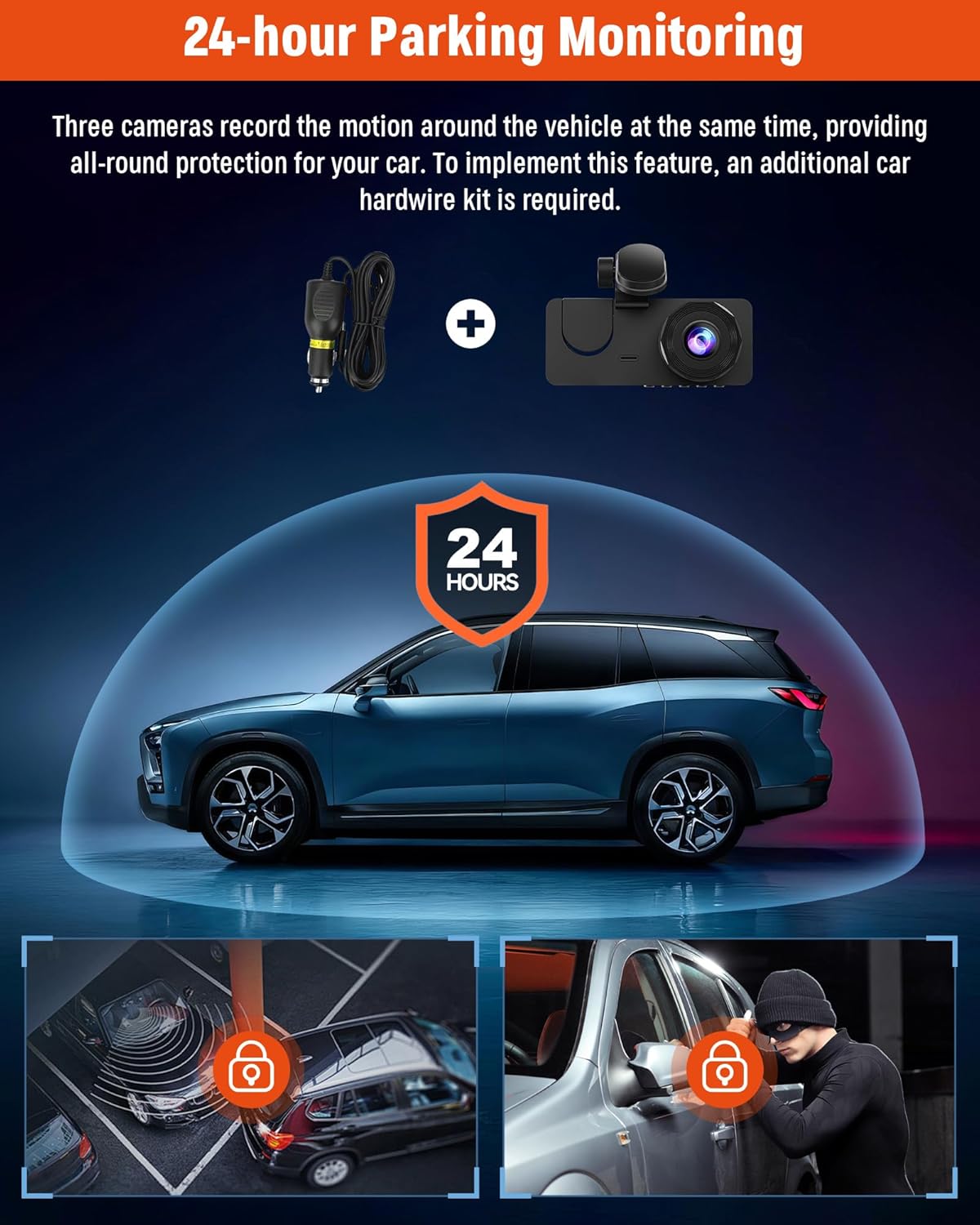 3 Channel Dash Cam,4K+1080P Dash Cam Front and Rear Inside, Dash Camera for Cars, Triple Car Camera with 32GB Card,Built-in G-Sensor, 2’’ IPS Display Car Camera,Loop Recording,24Hr Parking