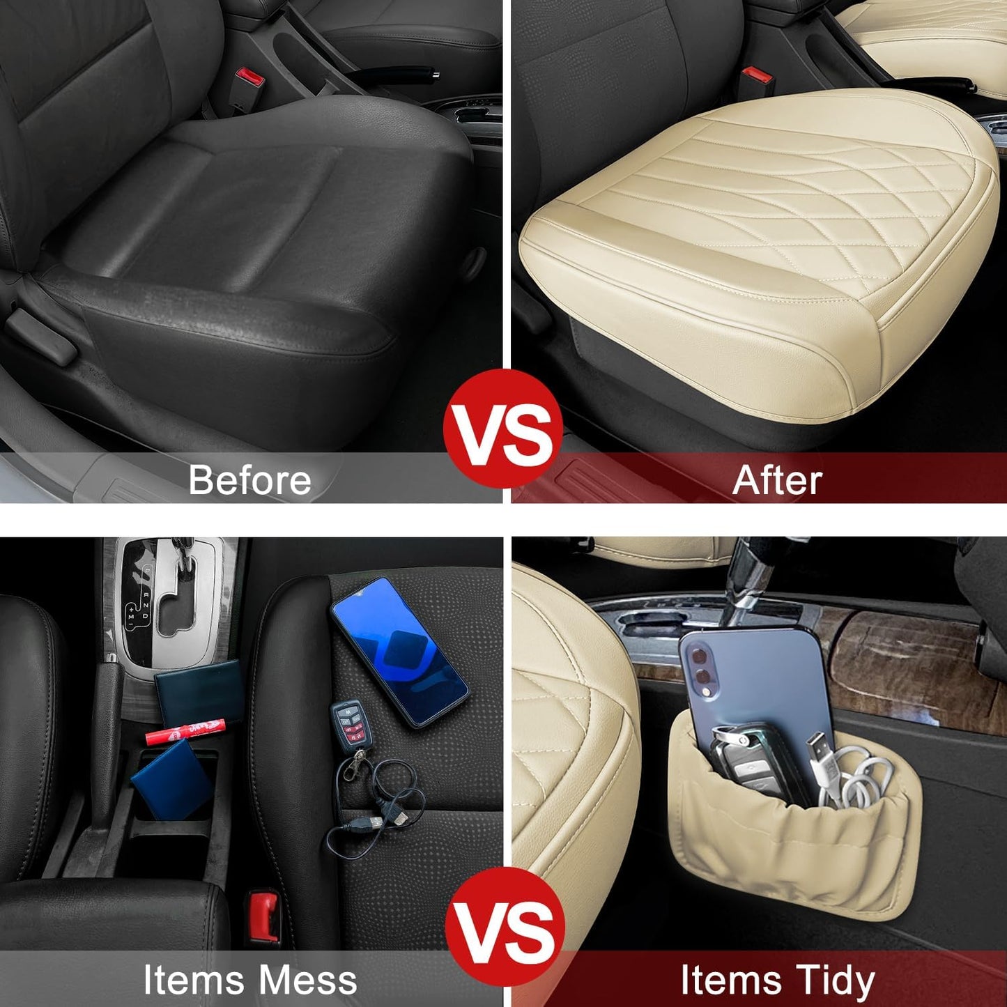 2 Pack Leather Front Car Seat Cover Bottom Car Seat, Universal Anti-Slip Driver Car Seat Protectors with Storage Pocket, Waterproof Bottom Auto Seat Cushion Pad Mat for Most Vehicles(Beige)