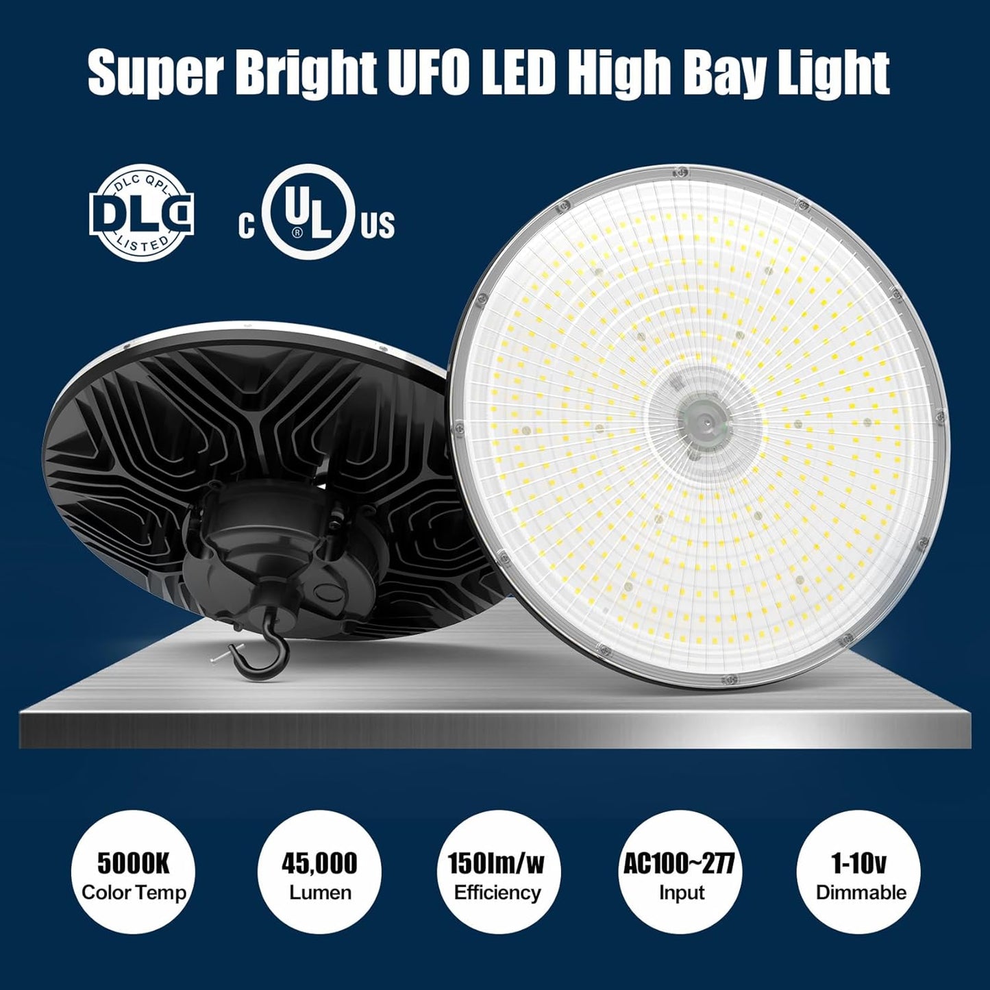 300W UFO LED High Bay Light 1-10V Dimmable, 5000K Daylight 42000LM, UL DLC Listed Low Bay LED Lights for Workshop Factory Warehouse, IP65 Waterproof Shop Lights Low Bay Lighting 100-277VAC Input