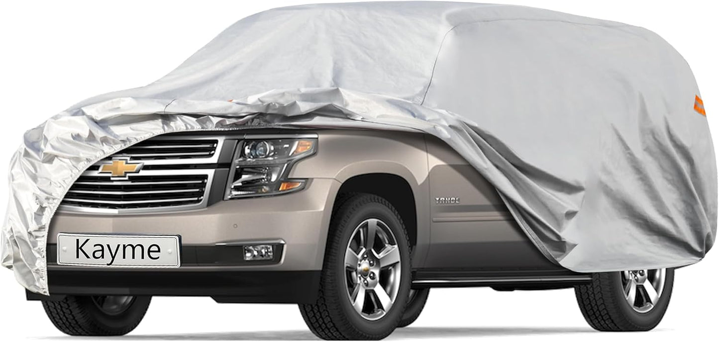 Kayme 6 Layers SUV Car Cover Custom Fit for Chevrolet Chevy Tahoe (2007-2025) Waterproof All Weather for Automobiles, Outdoor Full Cover Rain Sun UV Protection.Silver