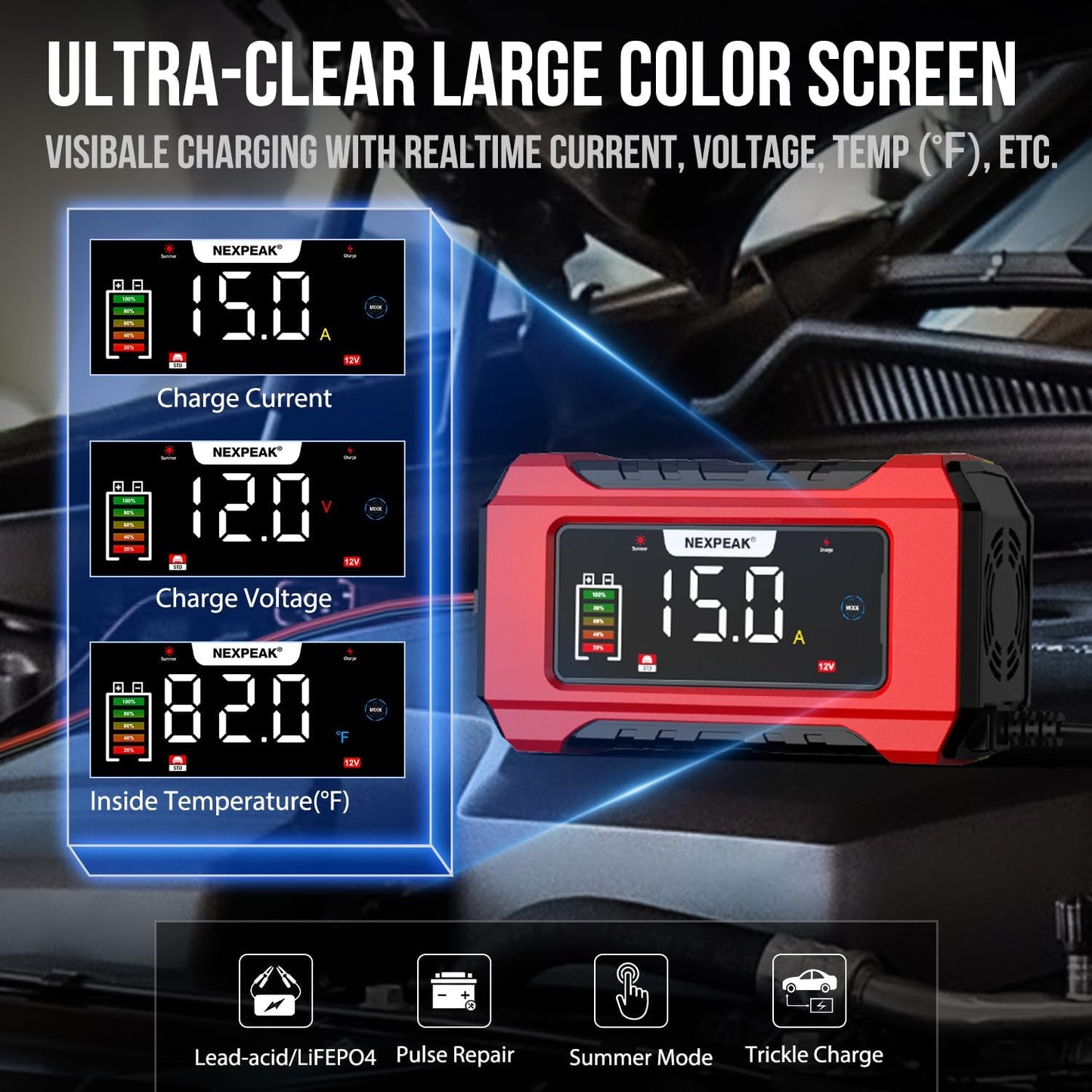 NEXPEAK NC215 15-Amp Battery Charger, 12V 24V LiFePO4 Lead Acid Portable Car Battery Charger 9-Stage Trickle Charger Smart Battery Maintainer w/Temp Compensation for Car Truck Lawn Mower Boat Marine