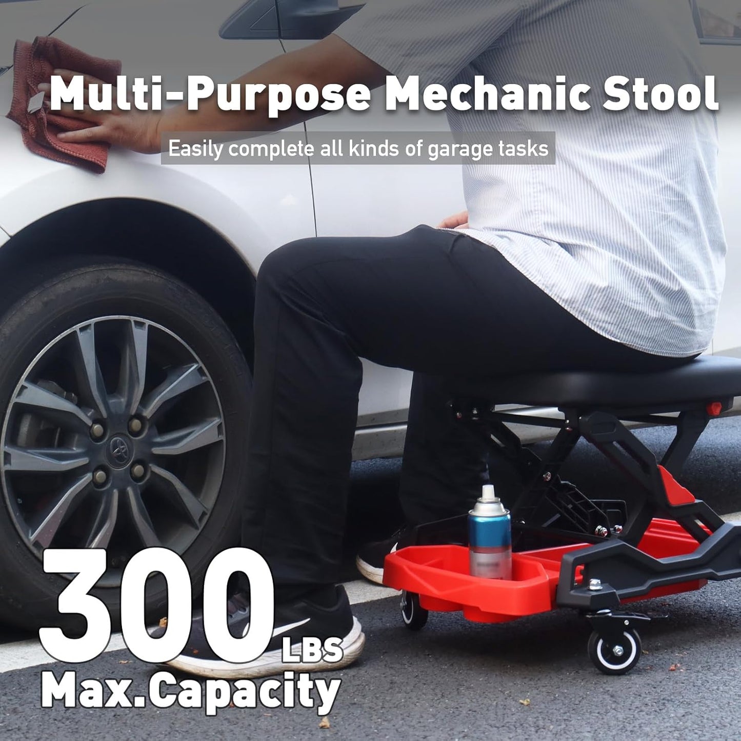 Automotive Creeper Seat with Rolling Wheels, 300 LBS Capacity Mechanic Stool, Heavy Duty Garage Stool with Soft Padded Cushion and Tool Trays, Foldable Design for Easy Storage