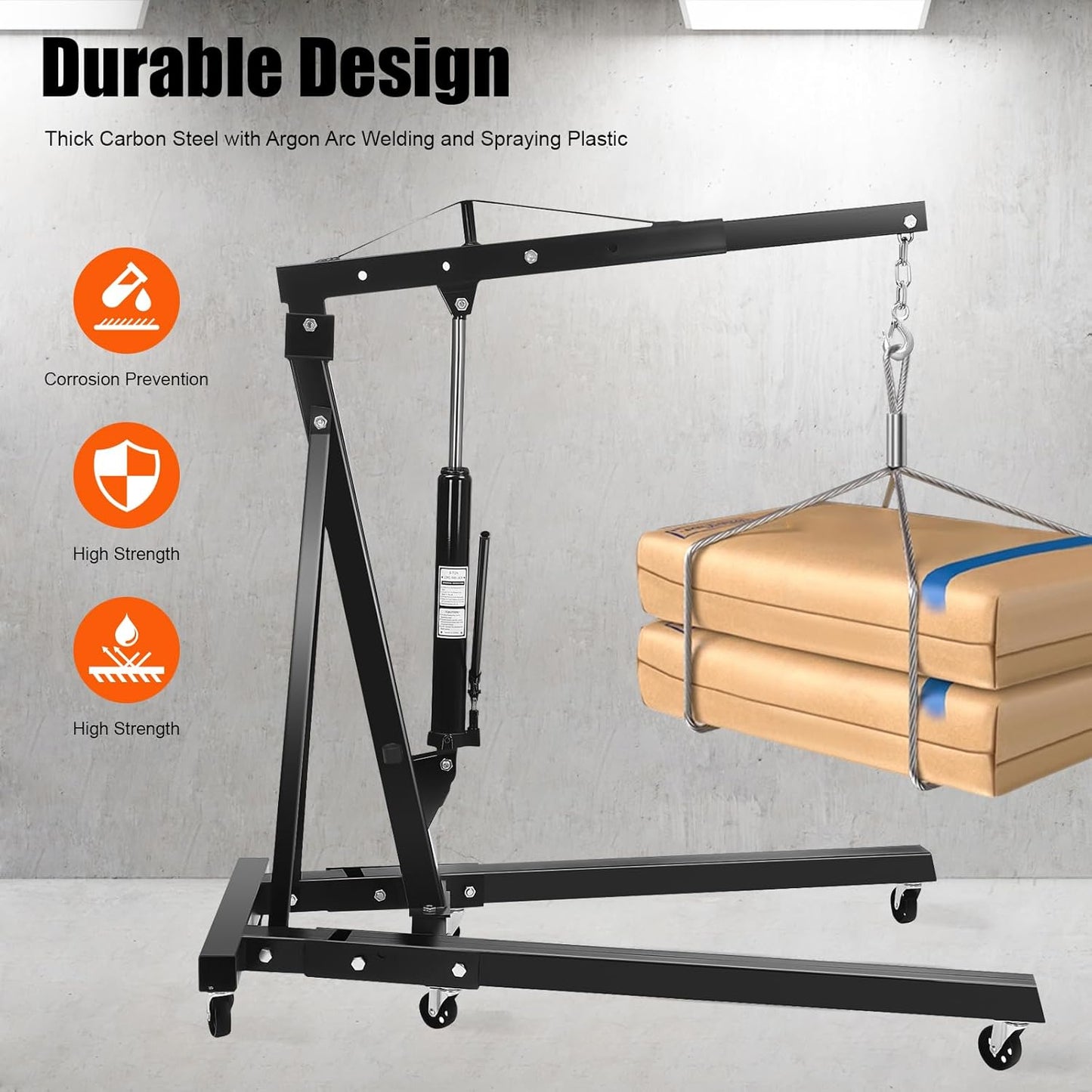 6.89Ft Folding Engine Lift 2 Ton Folding Cherry Picker Shop Crane Hoist Lift Engine Hoist with 6 Wheels Engine Crane Folding Engine Hoist for Car Fixing Workshops Garages (Black)