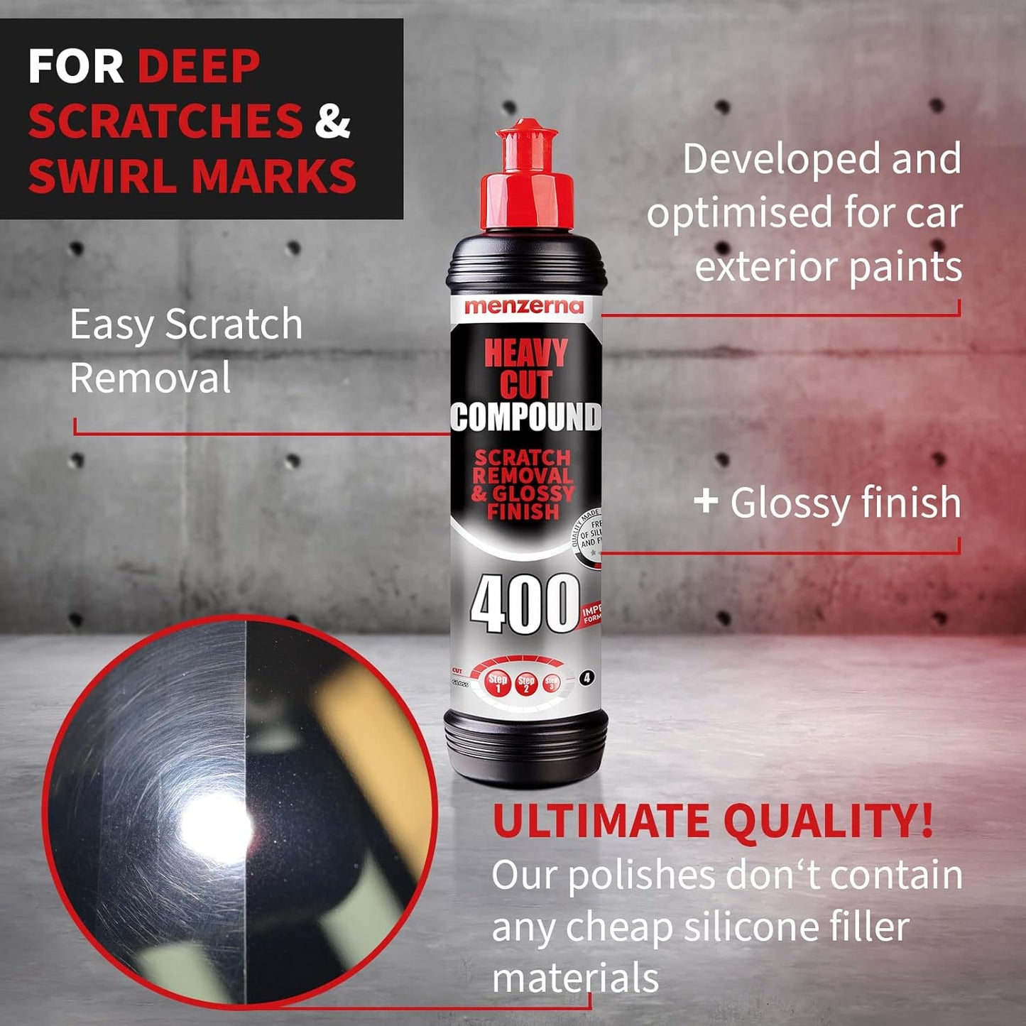 menzerna Heavy Cut Compound 400" Car Polish I Heavy Cut, Medium Cut & Finish I Buffing & Polishing Compound for Scratch Repair I for Scratches, Swirls & Holograms I Silicone Free I 16oz