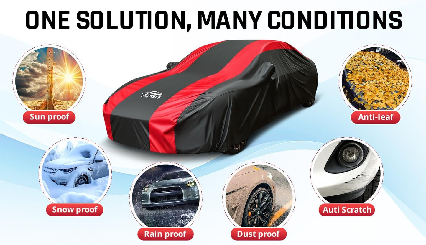 Car Cover Waterproof All Weather Protection with Red Stripe Design, Universal Fit Ford Mustang, Chevrolet Camaro, Toyota Camry, Honda Accord Civic, Nissan Altima,Tesla Model 3