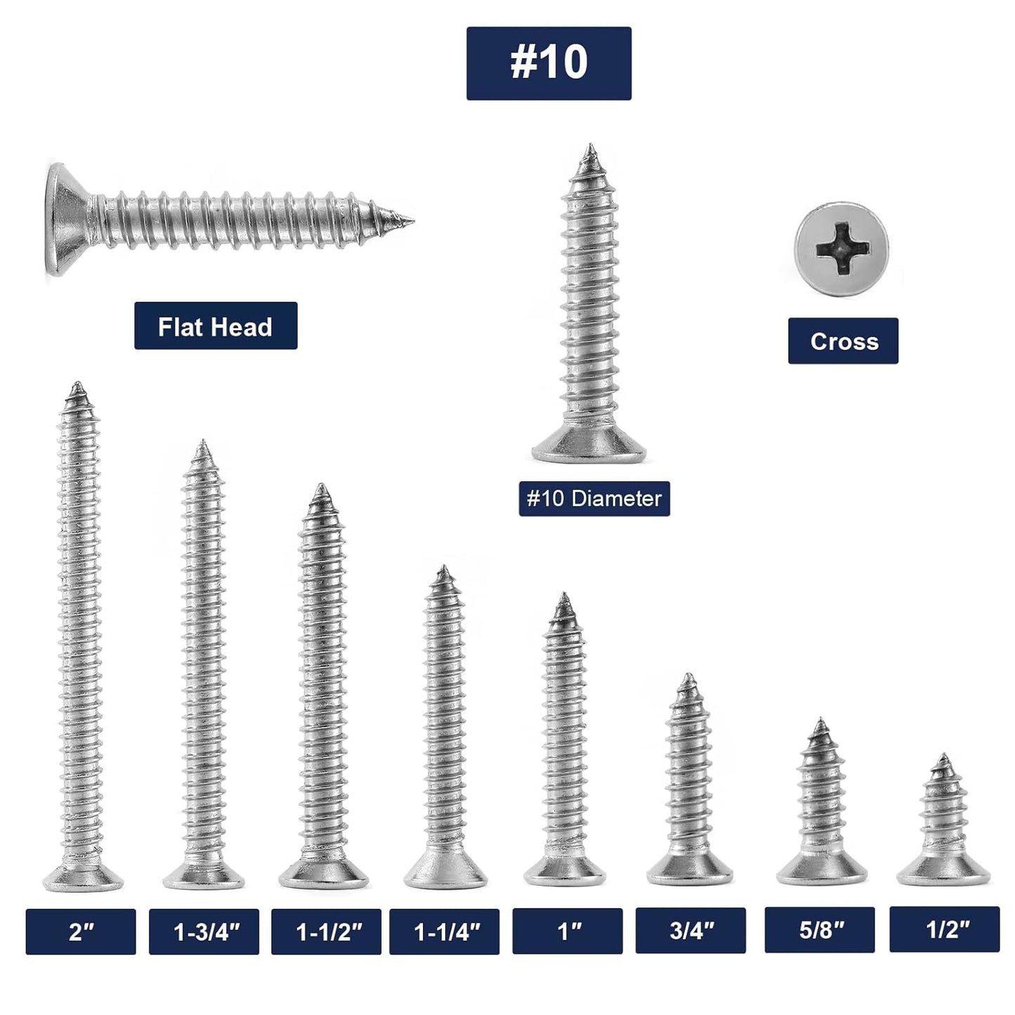 #10 x 1-1/4" Wood Screw 100Pcs 18-8 (304) Stainless Steel Screws Flat Head Phillips Fast Self Tapping Drywall Screws by SG TZH