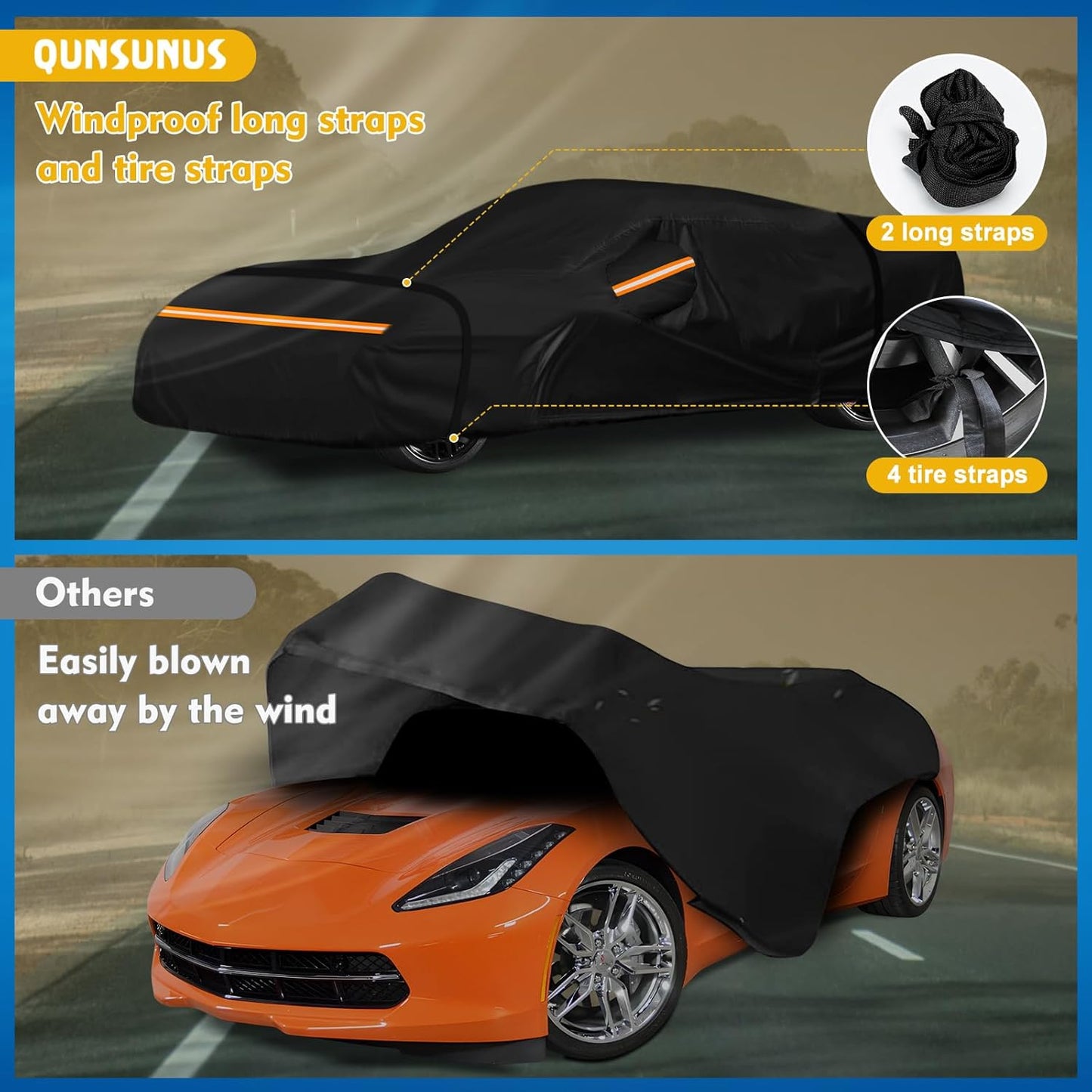 QUNSUNUS Waterproof Car Cover for C7 Corvette 2014-2019, Outdoor Car Covers with Zipper, All Weather Full Exterior Cover with Straps and Elastic Edges for Wind, Sun, UV and Dust Protection