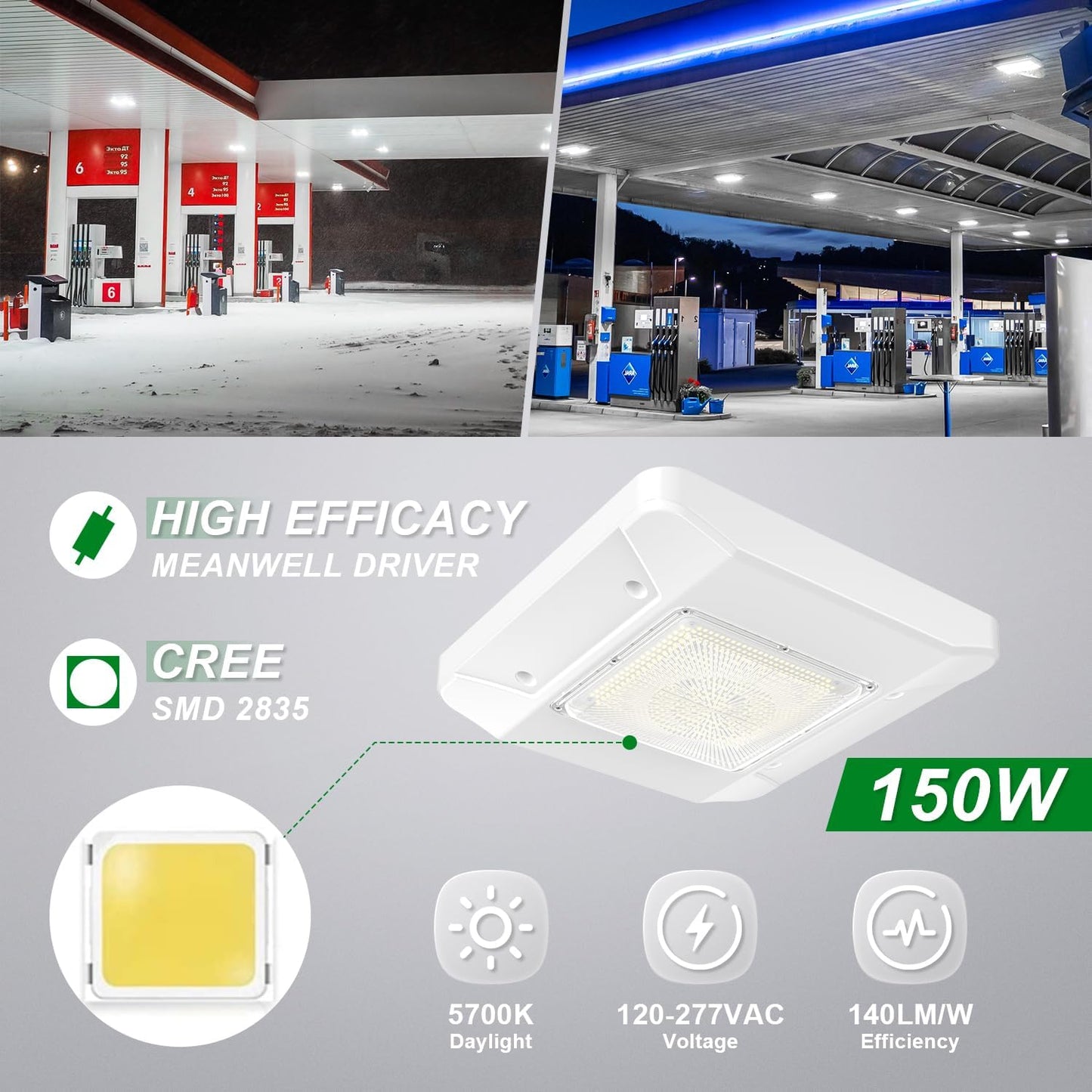 OSTEK 2 Pack LED Gas Station Canopy Light, 150W Carport Ceiling Light 5700K, Outdoor Rated (600W HID/HPS Equivalent), 90-277V IP65 DLC & UL Listed (150W-2 Pack)