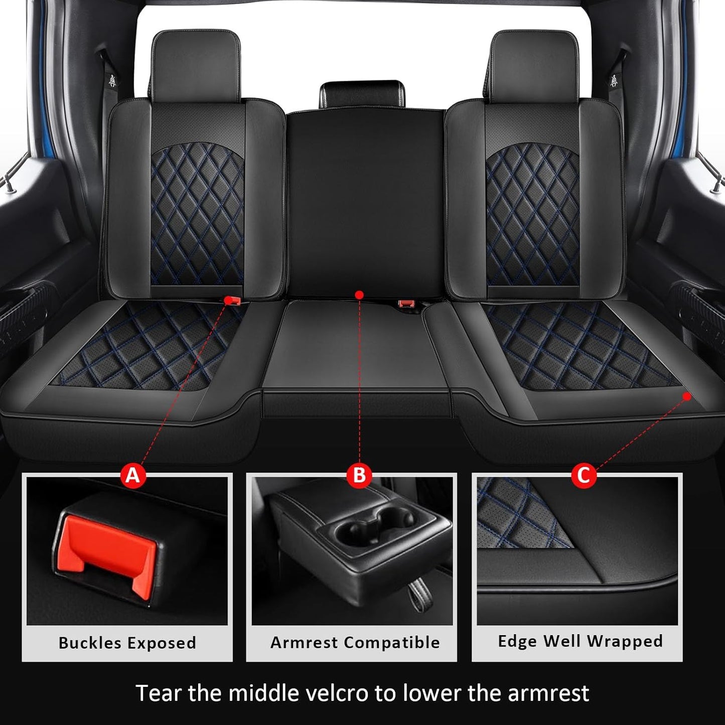 MIROZO Seat Covers for Ram, Waterproof Truck Seat Covers Compatible with 2009-2025 Dodge Ram 1500 2500 3500 Truck Pickup Crew Quad Cab with Split Bench 40/60(Black and Blue,Full Set Curved Back)