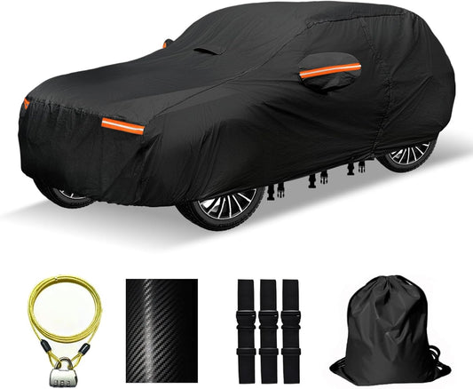 30 Layers SUV Car Cover for Automobiles All Weather Waterproof, Outdoor Snowproof UV Protection Windproof, Door Zipper, Soft Cotton, Heavy Duty Universal Car Covers, (Black, Fit SUV 181"-190")