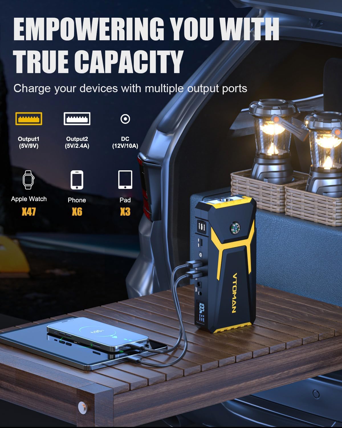 VTOMAN V8 Pro 3000A Jump Starter, Car Battery Charger Jump Starters for Up 8.5L Gas and 6.5L Diesel Engines, 12V Auto Lithium Battery Booster Pack, Portable Jump Box with Jumper Cable LCD Display