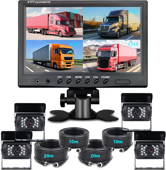 Wired Backup Camera System with 9 Inch Monitor for RV,Trucks,Cars, 4 Channel Quad Split Reversing Camera System with Screen, Rear View Camera,Waterproof,18 IR Night Vision, Easy Installation