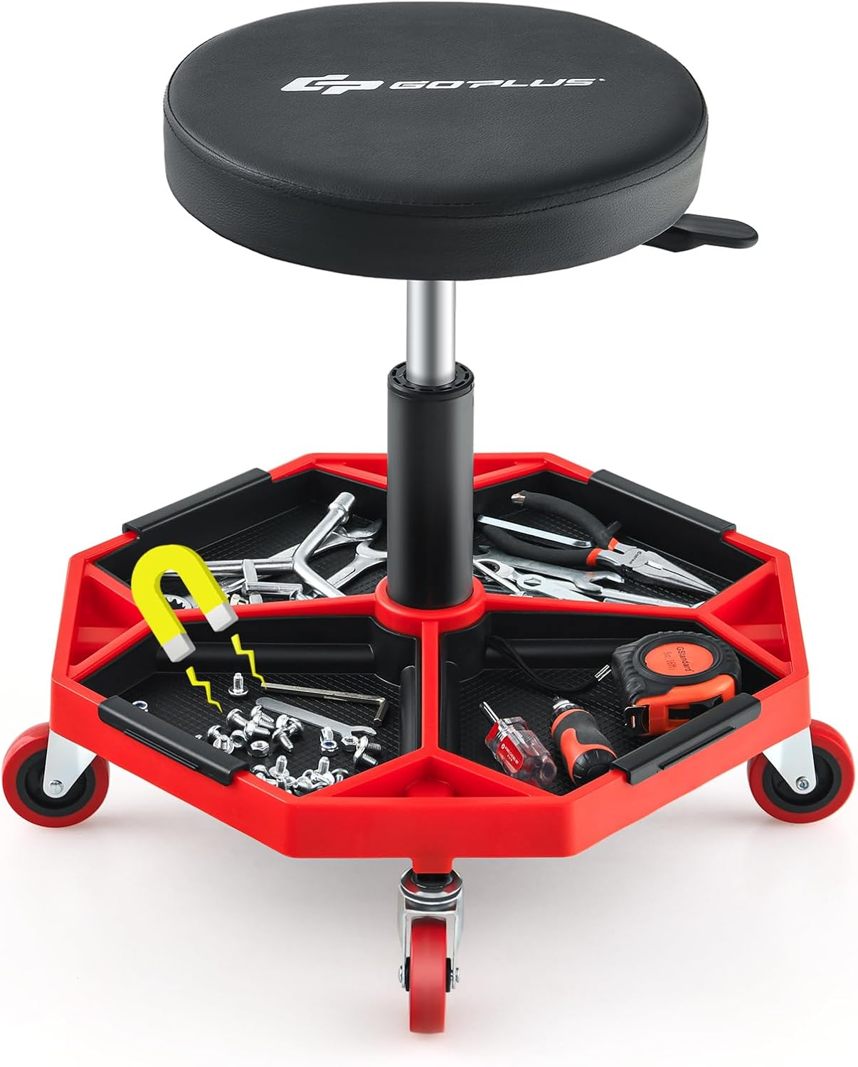 Goplus Garage Stool, 16”-22” Adjustable Rolling Mechanic Stool with Universal Wheels, Removable Magnetic Tool Tray, 2” Thick Padded Cushion, 330LBS Capacity, Roller Creeper Seat, Shop Chair
