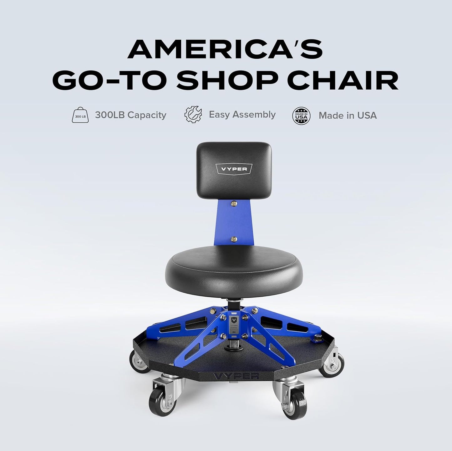 Vyper Robust Steel Sport Shop Chair for Mechanics, Automotive, DIY - 300 lb Capacity Garage Stool with Backrest & Large Wheels (Black Seat, Blue Frame)