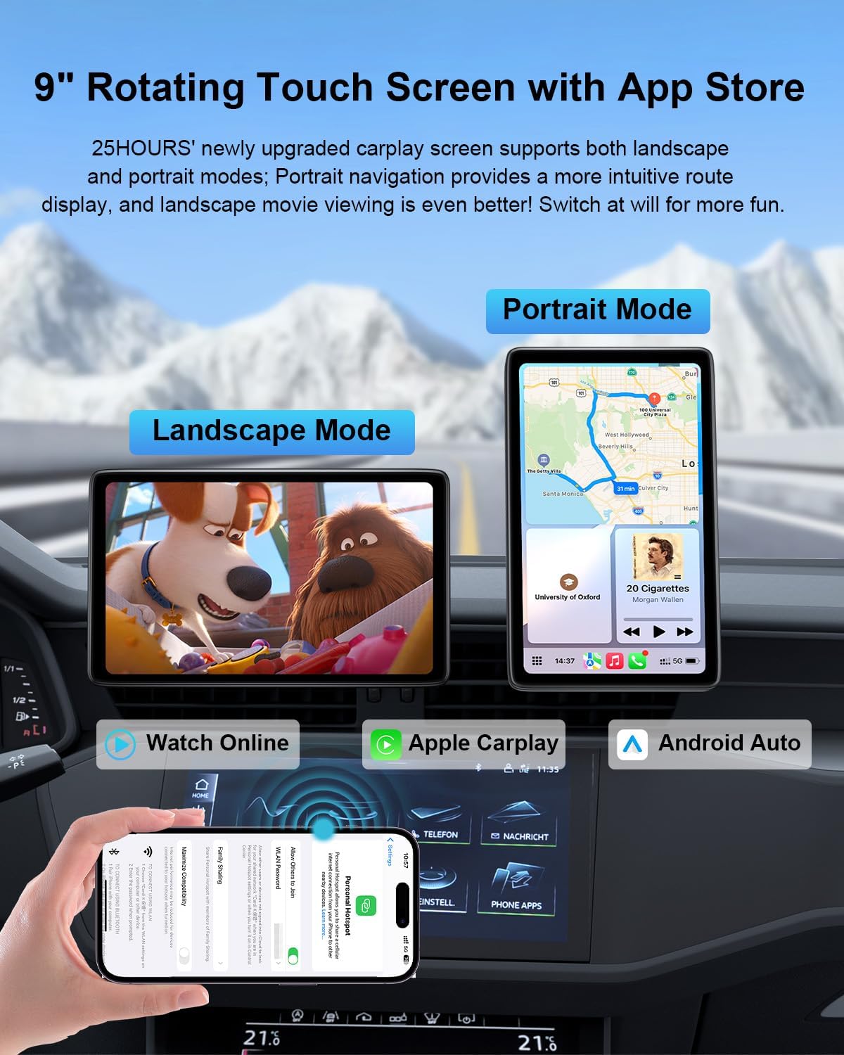 Upgraded Apple Carplay Screen for Car, 9" Wireless CarPlay & Android Auto Car Stereo Touch Screen, Car Play Supports Netflix/YouTube/TikTok, App Store, Screen Flip, GPS Navigation, Voice Control