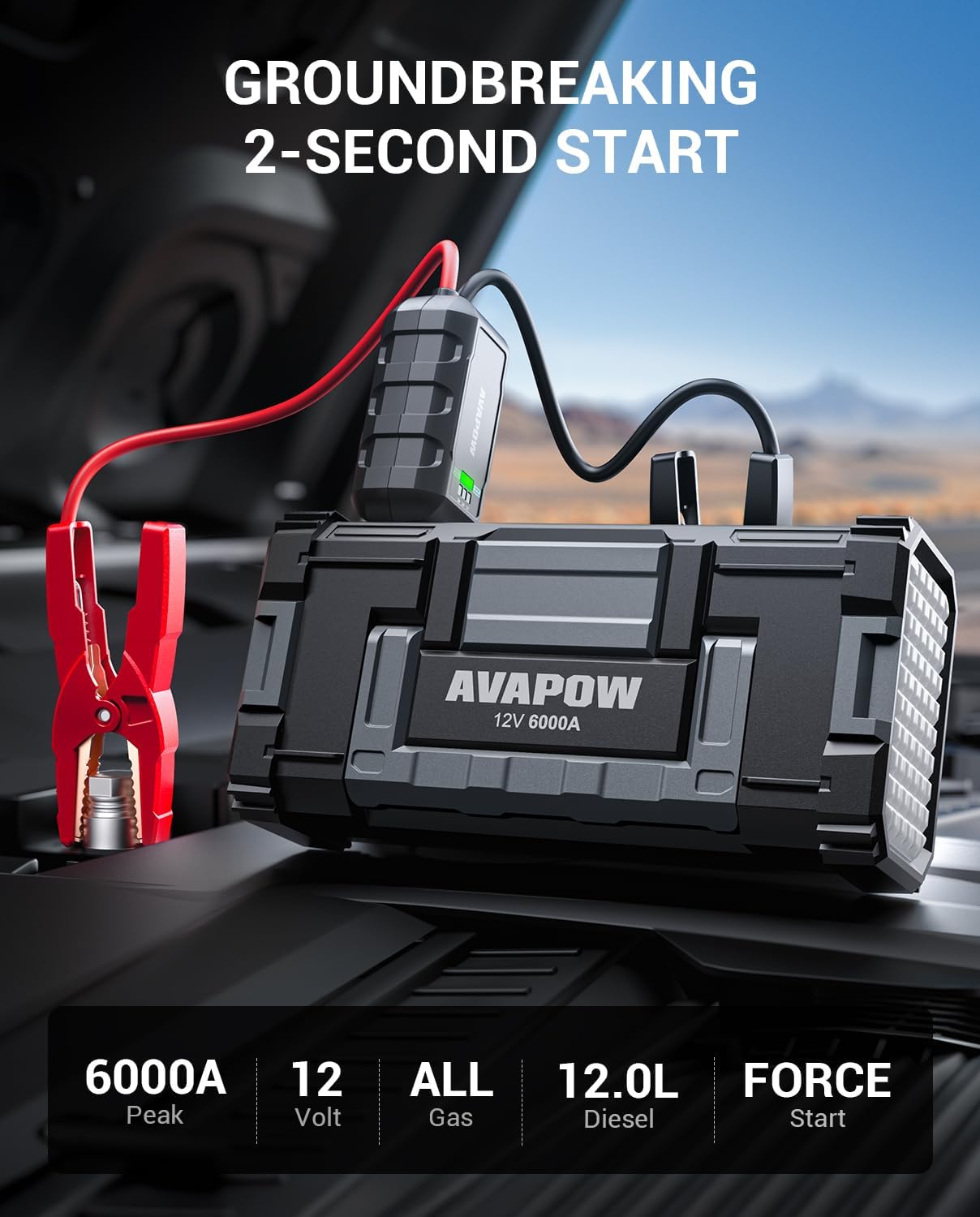 AVAPOW 6000A Car Battery Jump Starter(for All Gas or up to 12L Diesel) Powerful Car Jump Starter with Dual USB Quick Charge and DC Output,12V Jump Pack with Built-in LED Bright Light