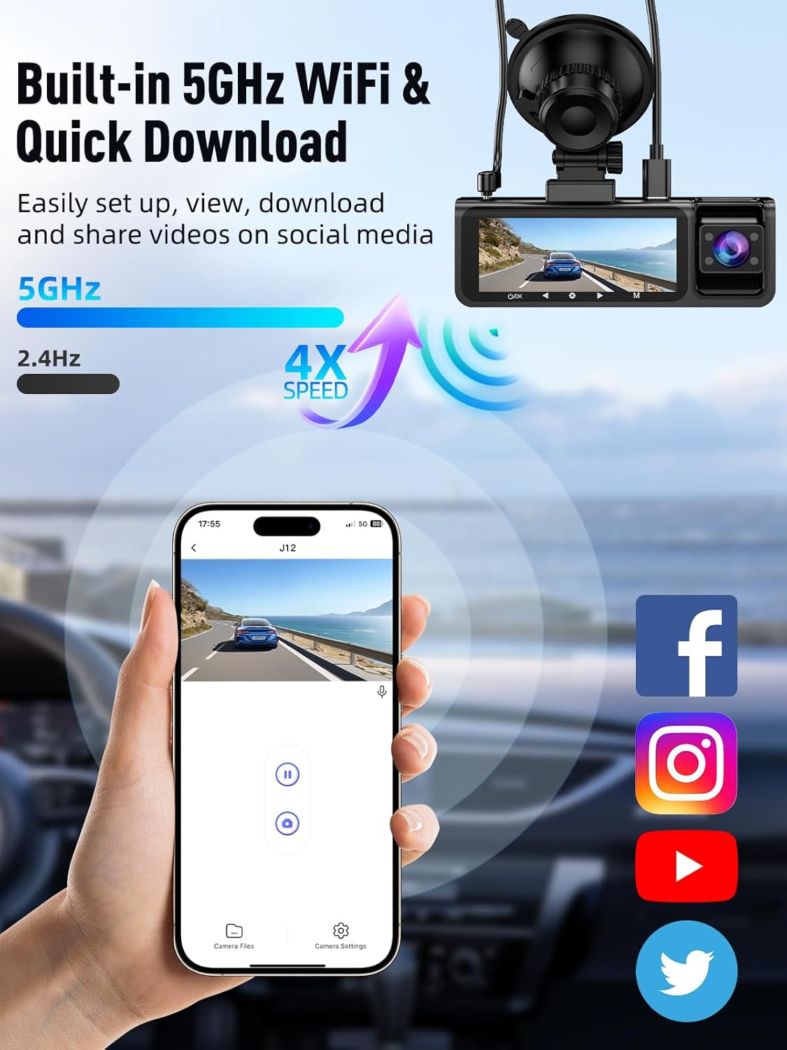 3 Channel 5G WiFi Dash Cam, 4K+1080P+1080P Dash Cam Front and Rear Inside with 64GB Card, 3.16” IPS Screen, G-Sensor, Loop Recording, Parking Monitor, 170° Wide Angle, IR Night Vision, WDR, Silver
