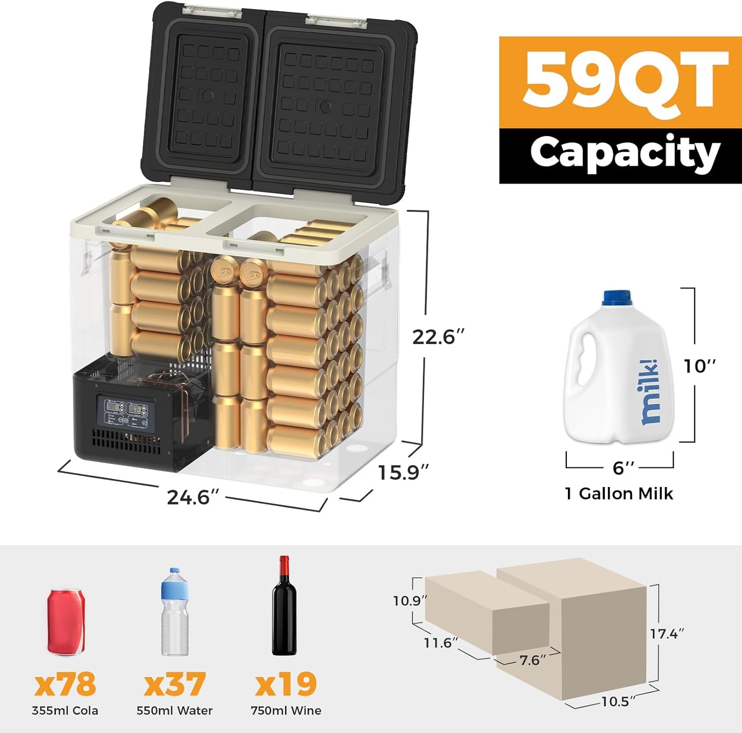 Setpower DT55 Portable Refrigerator with APP Control, 59QT(55L) Dual Zone Fridge Freezer, Electric Coolers for Vehicles AC/DC, Car Refrigerator 12V Portable Fridge