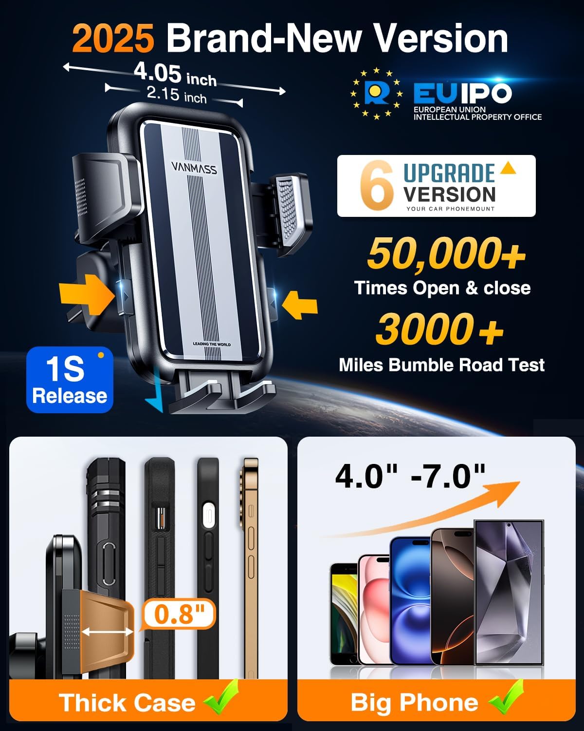 VANMASS 2025 True Upgrade [85+LBS] Phone Holders for Your Car [Strongest Suction & Clip] Cell Phone Mount Dashboard Windshield Vent Stand Cradle for iPhone 16 Pro Max 15 14 13 Android, Silver