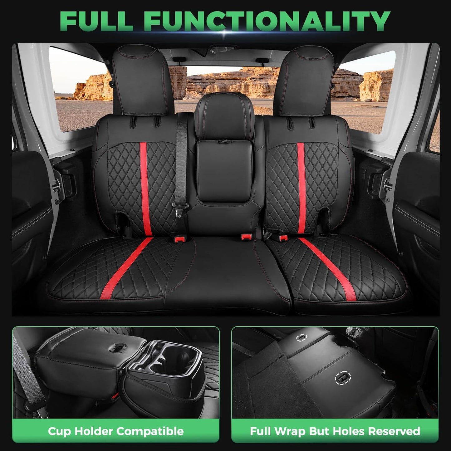 for Jeep Wrangler Seat Covers 4Door JL 2018 2019 2020 2021 2022 2023 2024 2025, Custom Car Seat Cover Full Set, Luxury Waterproof Leather Seat Protectors, Black Red Trim, With Rear Cup Holder