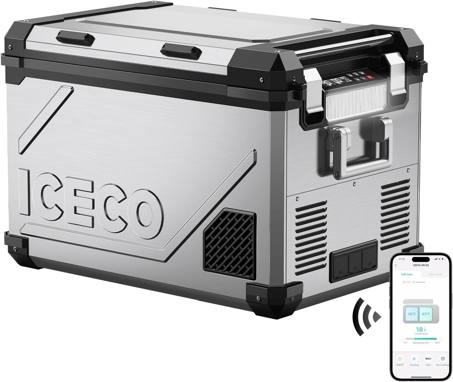 ICECO APL55 Dual Zone Portable Refrigerator Bluetooth Controlled, 55 Liter 12v refrigerator with SECOP Compressor, DC 12/24V, AC 110-240V, for Truck, Car and Home, -4℉~68℉(Silver)
