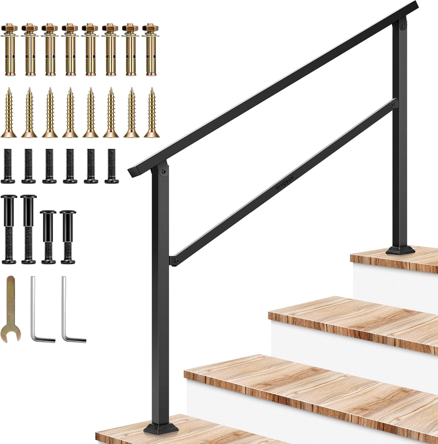 VIVOSUN Outdoor Handrail, 4 Step Stair Handrail, 54" x 36" Fits 1 to 4 Steps, Wrought Mattle Iron Handrail for Concrete Steps, Porch Steps, One-Step Assembly, Black