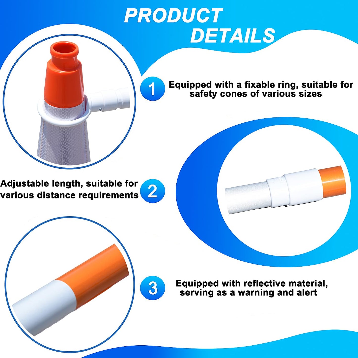 8-Pack Retractable Traffic Safety Cone Bar - 4Ft to 8.8Ft Expandable - PVC Extendable Barricade with Reflective Strips - for Road Construction, Parking-Cone Not Included