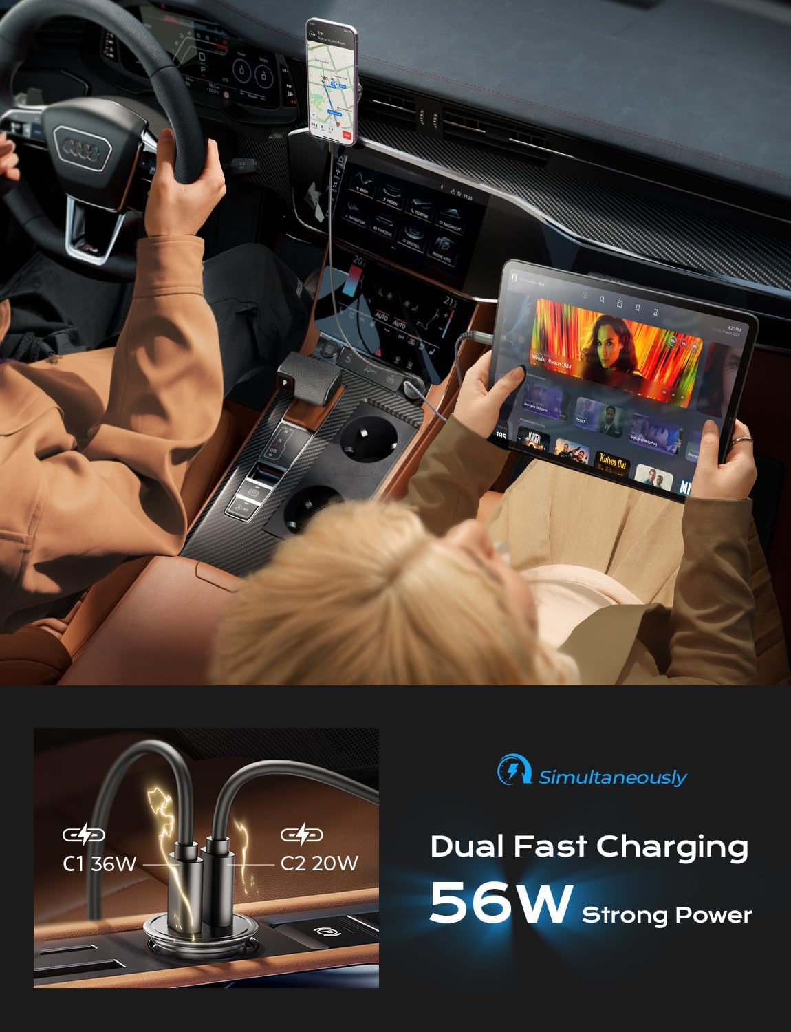 AINOPE USB C Car Charger for iPhone 15, Smallest 56W Car Charger Adapter Fast Charginig, PD 3.0 Dual USB Compatible with iPhone 15 Pro Max Plus/14/13 Pro/12 Pro/12 Mini, Galaxy, iPad Pro