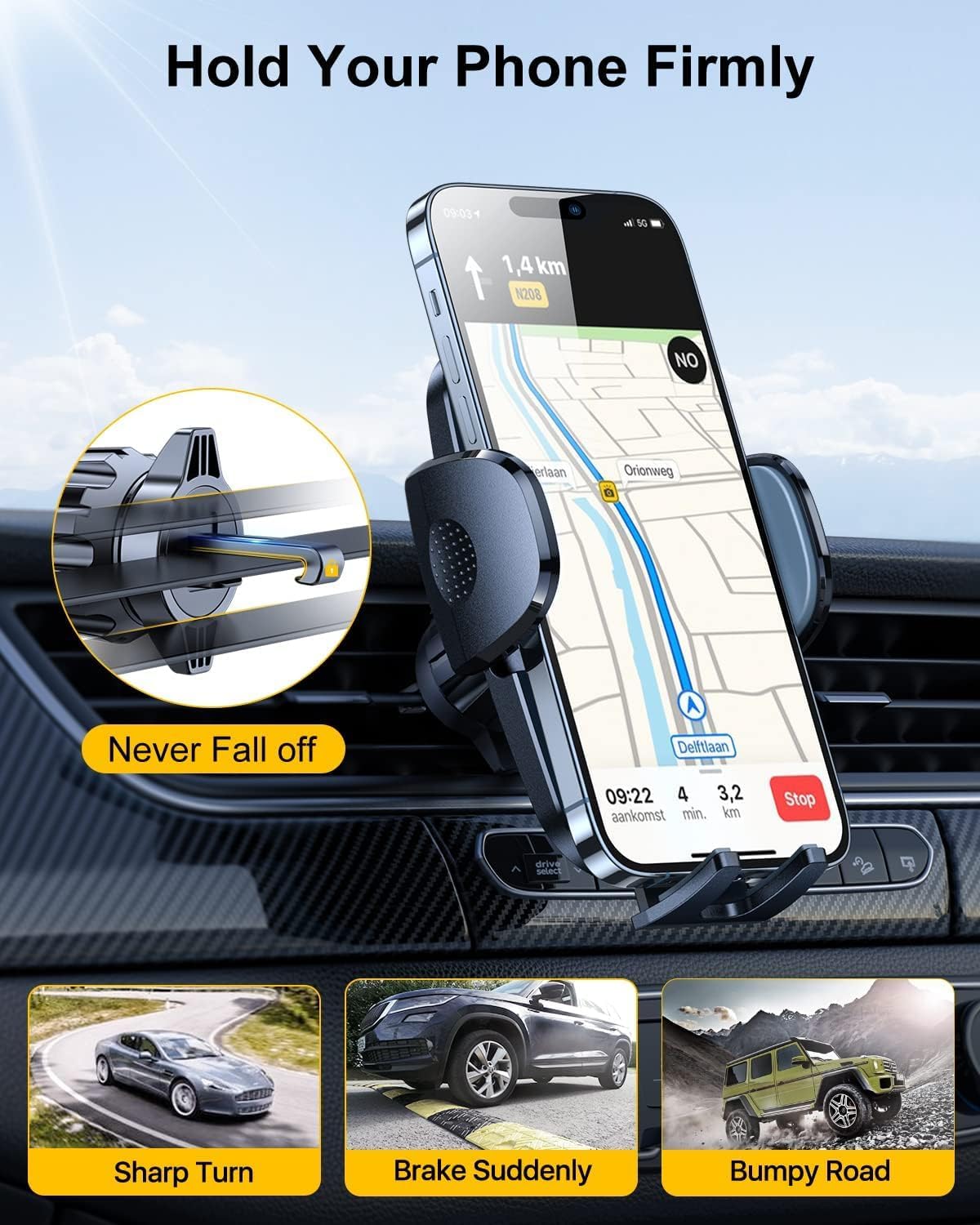 3-in-1 Phone Mount for Car [Most Stable and Flexible Suction Cup] Vent Dashboard Windshield Cell Phone Holder Car Fit for iPhone 15 14 13 12 Pro Max Samsung S23 S22 S21 All Phone, Gold