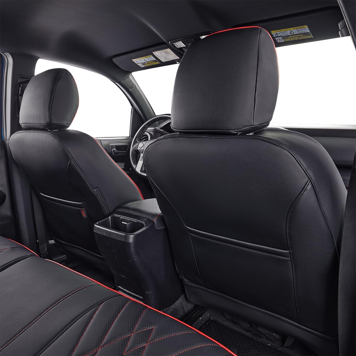 EKR Custom Fit Tacoma Leather Car Seat Covers for Select Toyota Tacoma 2012 2013 2014 2015 (TRD Sport Seats)- Full Set,Leather(Black with Red Trim)