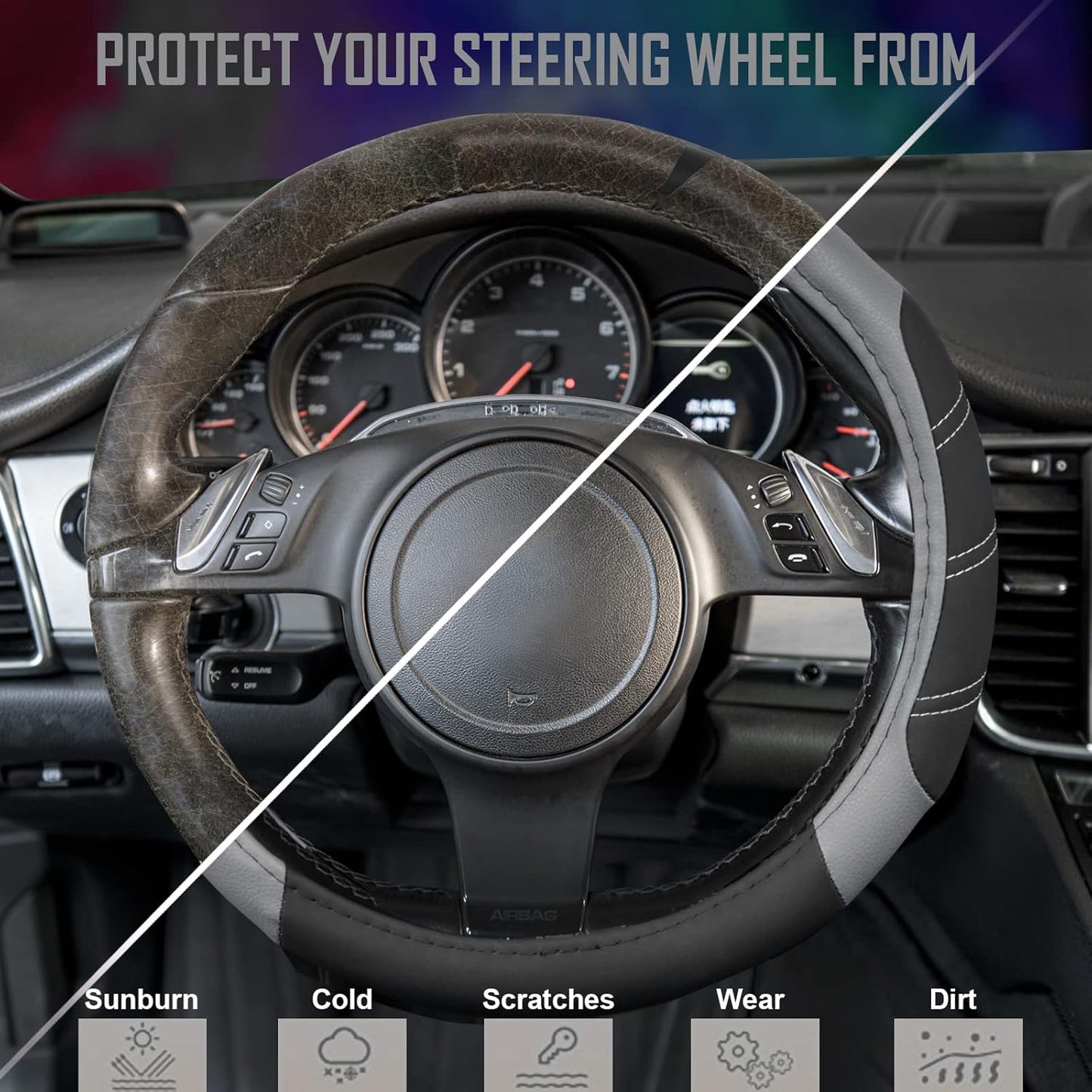 CAR PASS Line Rider Microfiber Leather Sporty Steering Wheel Cover Universal Fits for 95% Truck,SUV,Cars,14.5-15inch Anti-Slip Safety Comfortable Desgin (Black-Gray)