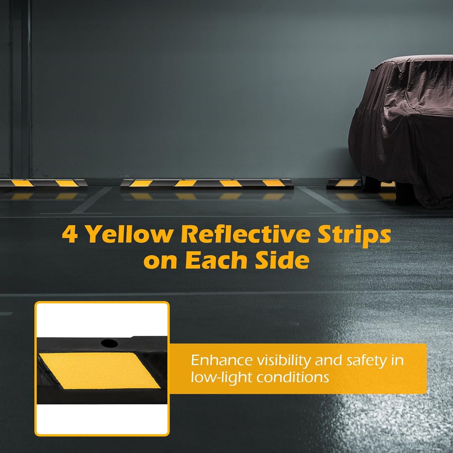 Rubber Parking Curb Garage Floor Stopper, 72" Heavy Duty Parking Lot Stopper with Yellow Reflective Stripes, Guide Wheel Stopper for Car, Truck, RV, Trailer, Driveway (2 Pack)