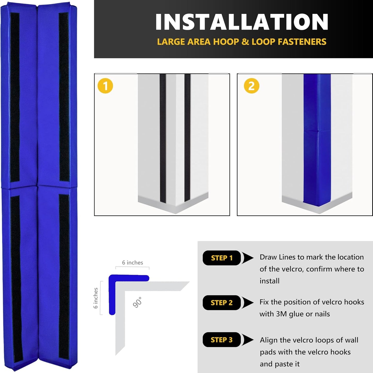 Wall Corner Guards & Edge Protector, Heavy Duty Wall Corner Protective Safety Padding, All-Weather 2 Sides Corner Pad for Gyms, Basketball Court, Playrooms, Garages,etc. (Blue, 6FT Tall 6in Sides)