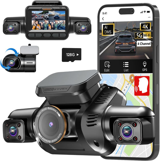 AI Dash Cam Front Rear Inside with Driver Monitor System, 360° Car Camera 4K, 4 Channel Camera for Cars Built-in WiFi GPS, Dashcam with 128GB SD Card, Night Vision, 24H Parking Mode, Upgrade DMS V8Pro