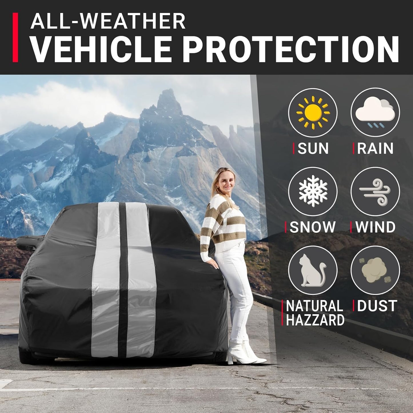 iCarCover Custom Car Cover for Pontiac Sunfire Coupe (1995-2002) Waterproof All-Weather Rain Snow UV Sun Protector Full Exterior Indoor Outdoor Car Cover (Stripe - Black/Gray)