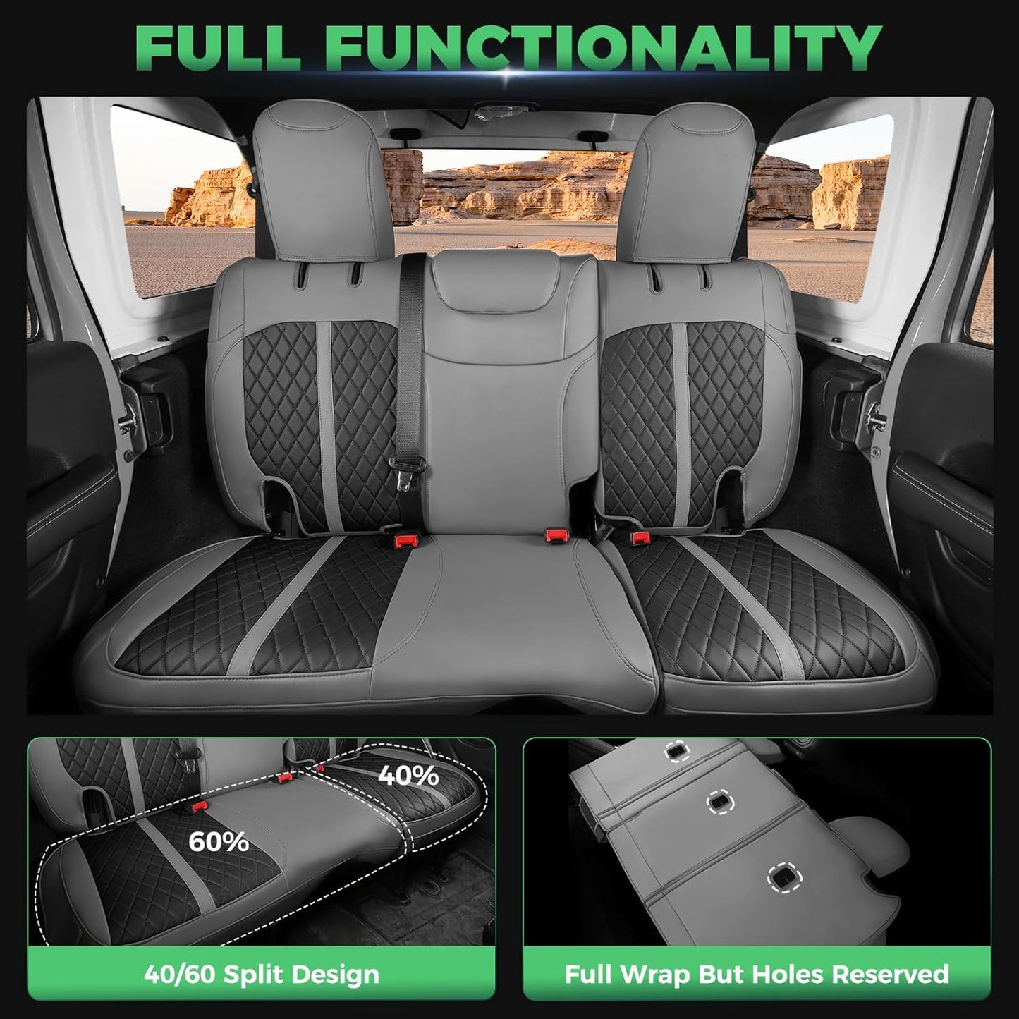 for Jeep Wrangler Seat Covers 4Door JL 2018 2019 2020 2021 2022 2023 2024 2025, Custom Fit Car Seat Cover Full Set, Luxury Waterproof Leather Seat Protectors, Gray Black, W/O Rear Cup Holder