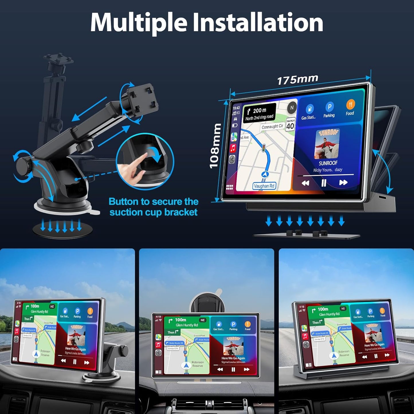 Upgrade Wireless Carplay Screen, Android Auto, Portable 7" HD IPS Screen for Car, GPS Navigation, Bluetooth Handsfree, AirPlay, MirrorCast, AUX/FM Transmitter Fit Most Car Models