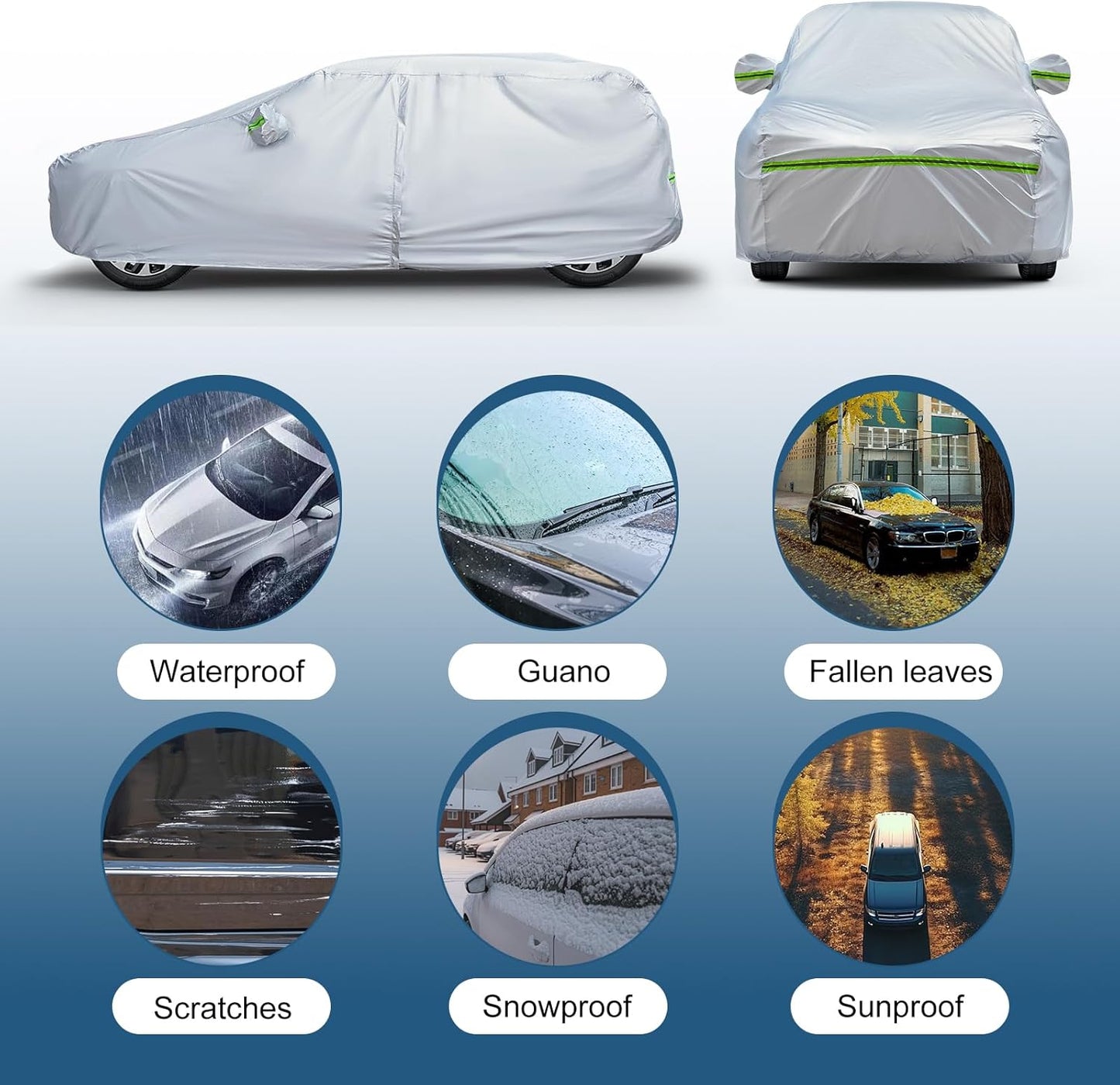 AUQDD 6-Layers Premium Sedan Car Cover Waterproof All Weather Weatherproof UV Sun Protection Snow Dust Storm Resistant Outdoor Exterior Custom Form-Fit Full Padded Car Cover with Straps 165"-181" K1