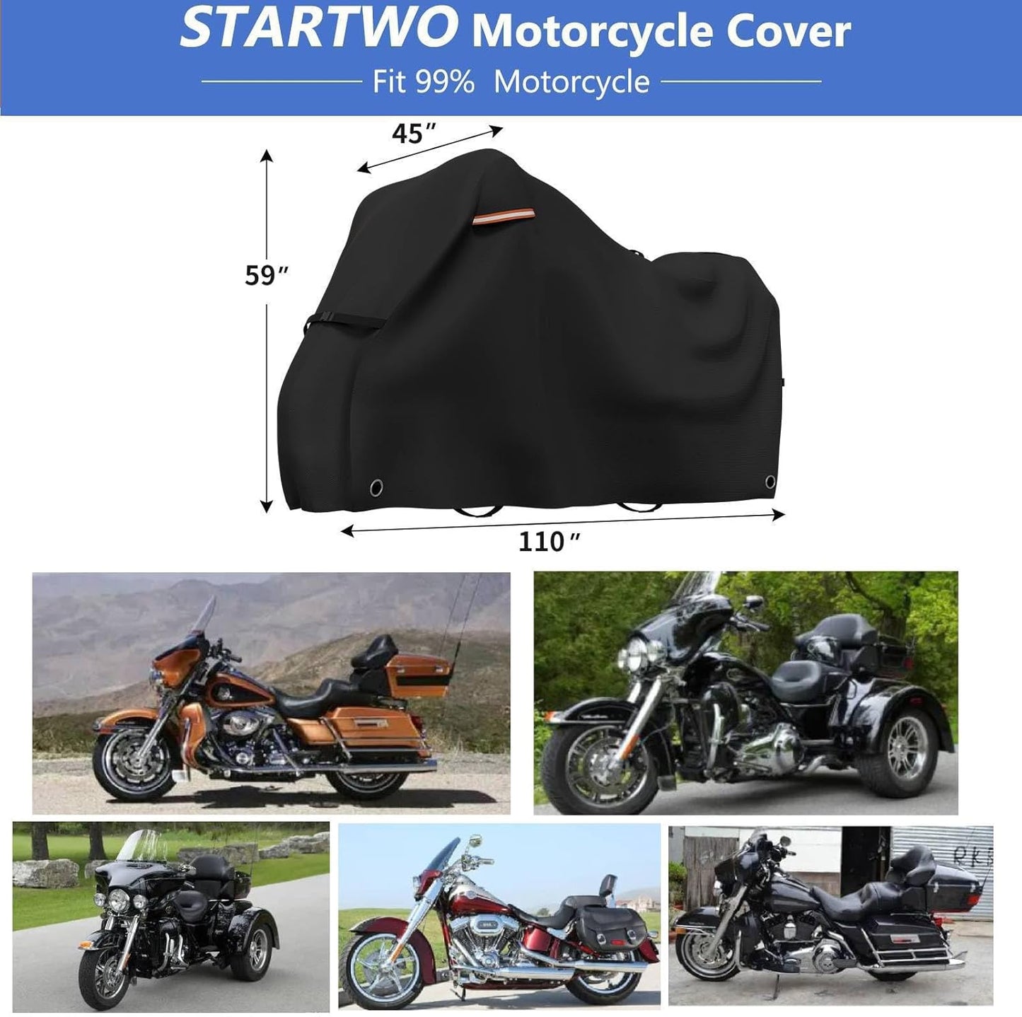 STARTWO Motorcycle Covers Waterproof Outdoor Storage for Harley Davidson Touring Models with Side+Top Box Ultra Limited,Road Glide Limited, Gold Wing,Road Master 110"x45"x59" Black