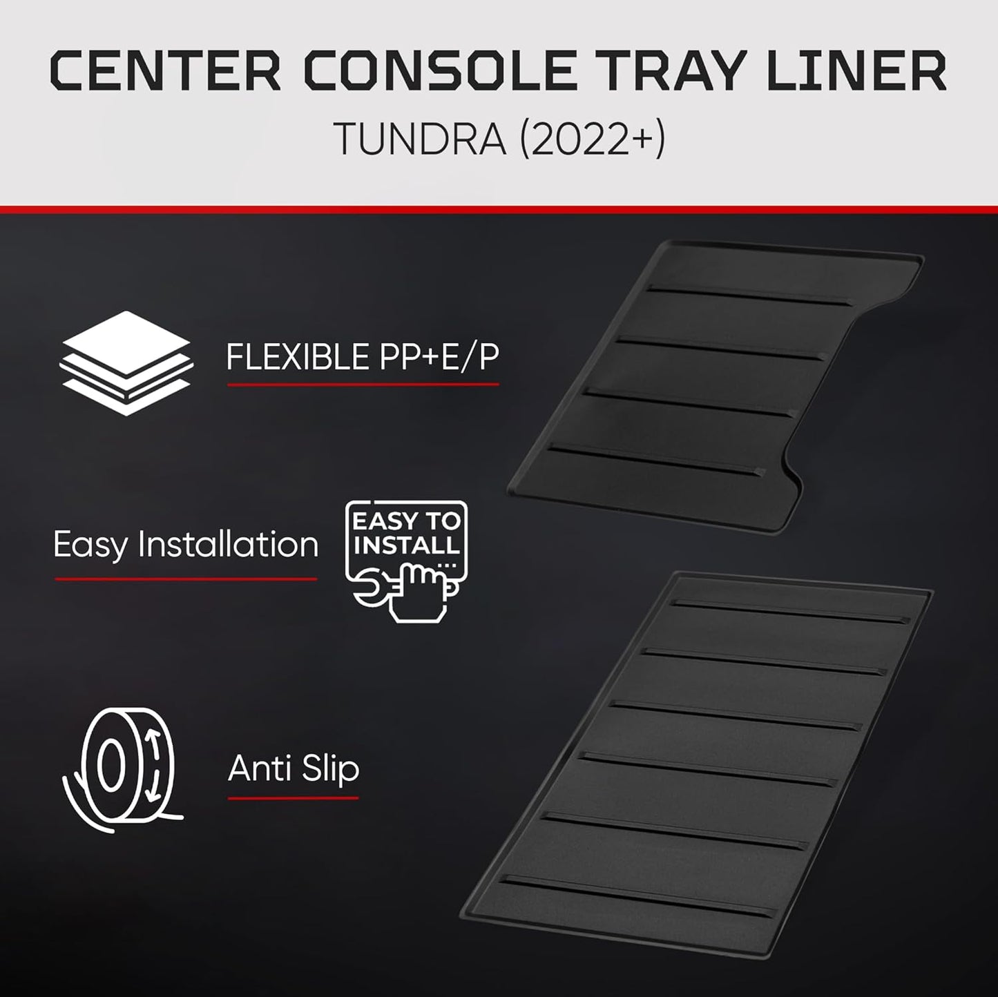 AJT DESIGN Center Console Organizer Tray Liner Compatible with 2022+ Toyota Tundra Platinum, 1794, TRD PRO, Capstone | Fits 2023+ Sequoia | Anti-Slip Mat for Car Console Organizer Tray | 2-Piece Black