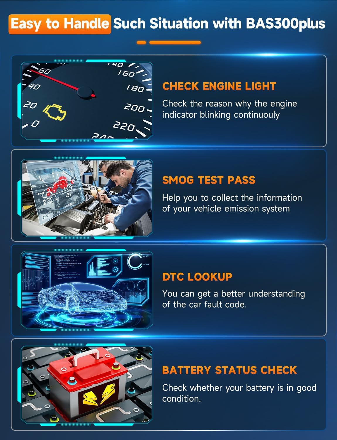 AUTOPHIX BAS300 Plus OBD2 Scanner & Battery Tester(Upgrade of BAS100), 2-in-1 Car Diagnostic Tool, 12V 100-2000 CCA Battery Charging Cranking Test, Check Engine Light Car Code Reader for All US Cars