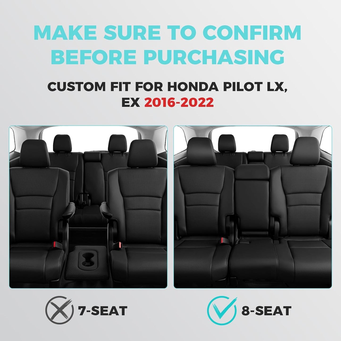 Custom for Honda Pilot Seat Covers - Car Seat Protectors Full Set for Pilot LX EX 2016 2017 2018 2019 2020 2021 2022-8 Seats,Faux Leather Full Coverage Waterproof, Black