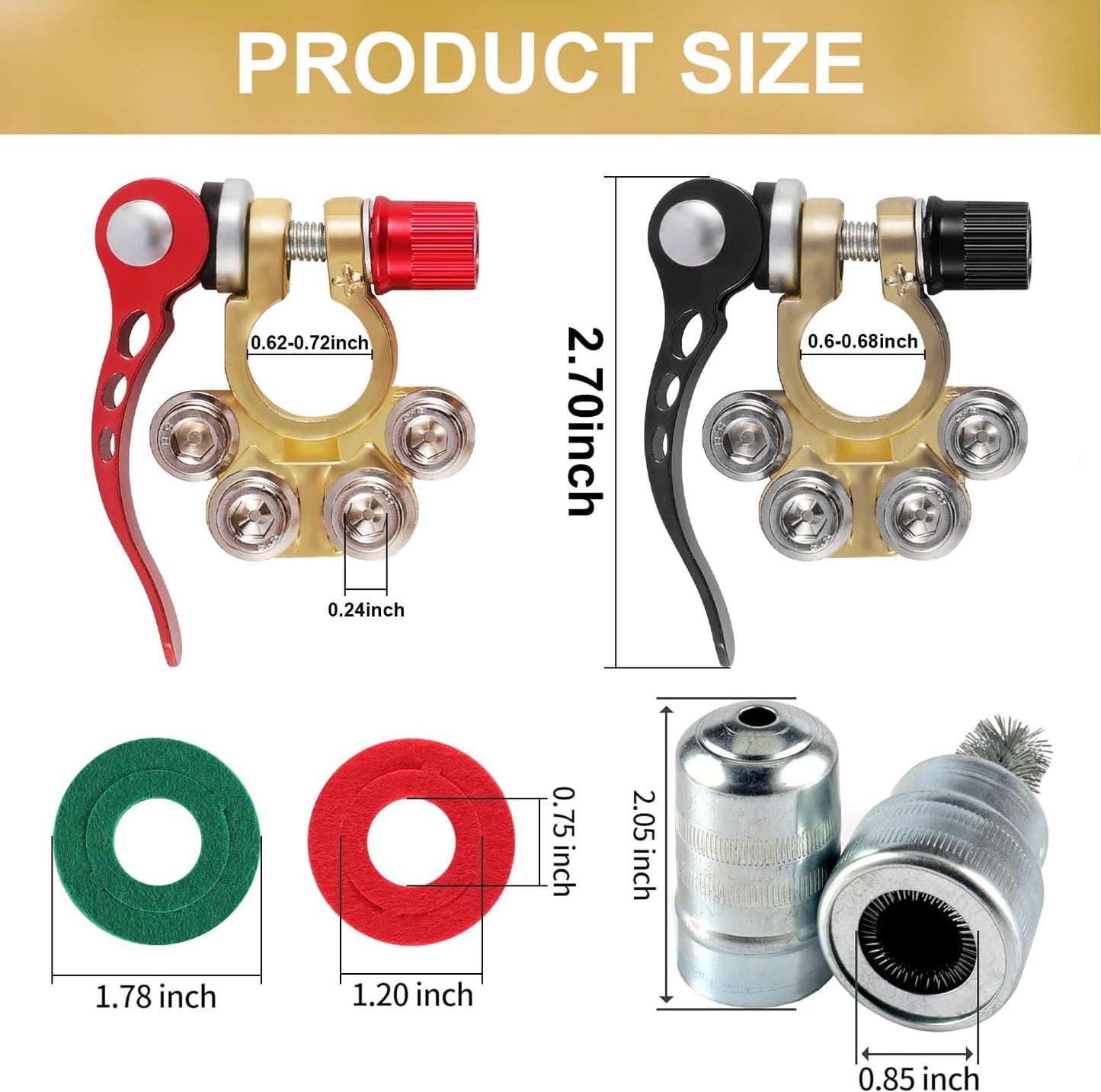 SINGARO Car Battery Terminal Connector, 4 Way Positive and Negative Pole Quick Release Terminal Clip, Applicable to SAE/JIS A Type Terminal Post, Compatible with Cars, Trucks and More（Gold-A）