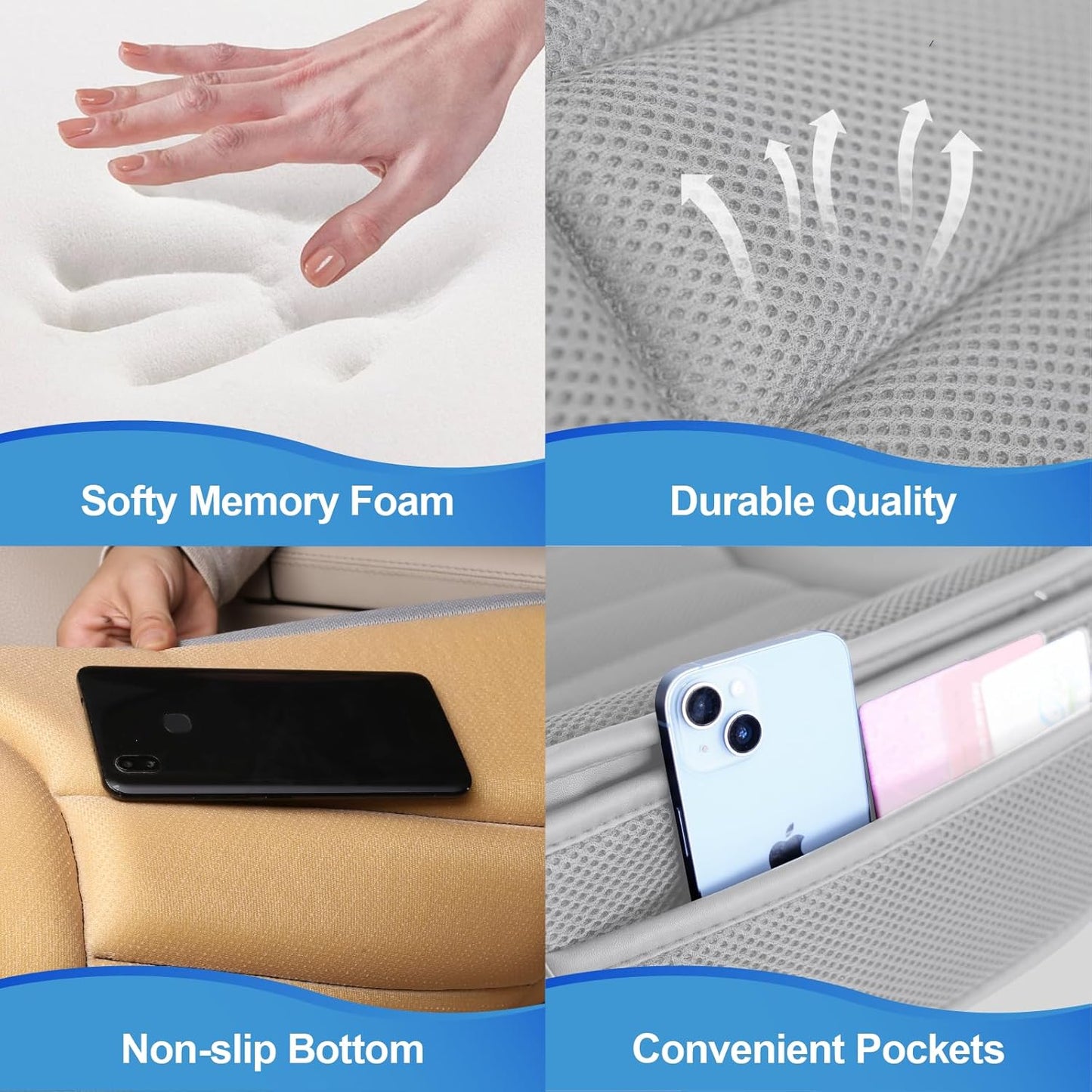 Premium Car Seat Cushion, Driver Cushion with Comfort Memory Foam & Non-Slip Rubber Bottom, Car Seat Pad Works with 95% of Vehicles and Office Chair or Home - 4D Gray