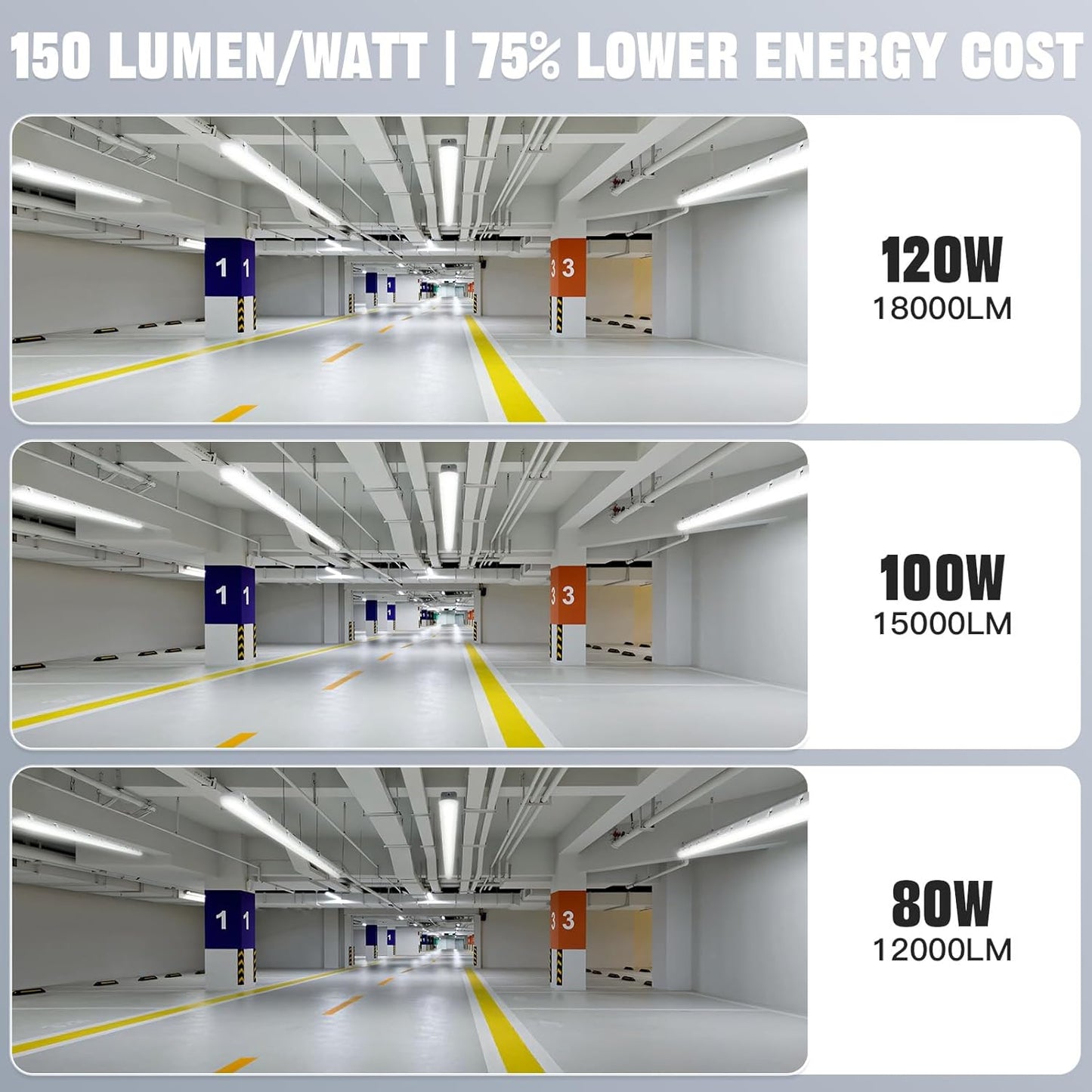 JTT 8FT LED Vapor Tight Light 120/100/80W Tunable, 18000lm LED Vapor Proof Lighting Fixture IP66, 5000K/4000K/3000K Outdoor Shop Light Waterproof for Parking Garage Car Wash Warehouse ETL Listed