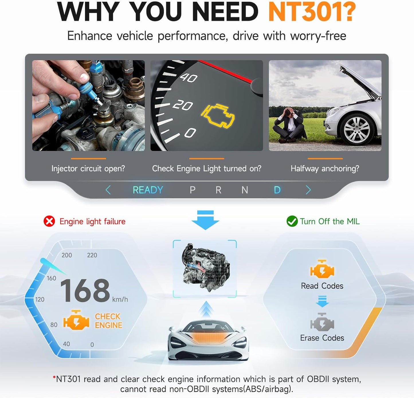 FOXWELL NT301 OBD2 Scanner Graphing Live Data Diagnostic Code Reader Professional Mechanic OBDII Scan Tool for Check Engine Light 2.8'' Color Screen OBD II Scanner for 1996 or Newer Vehicle