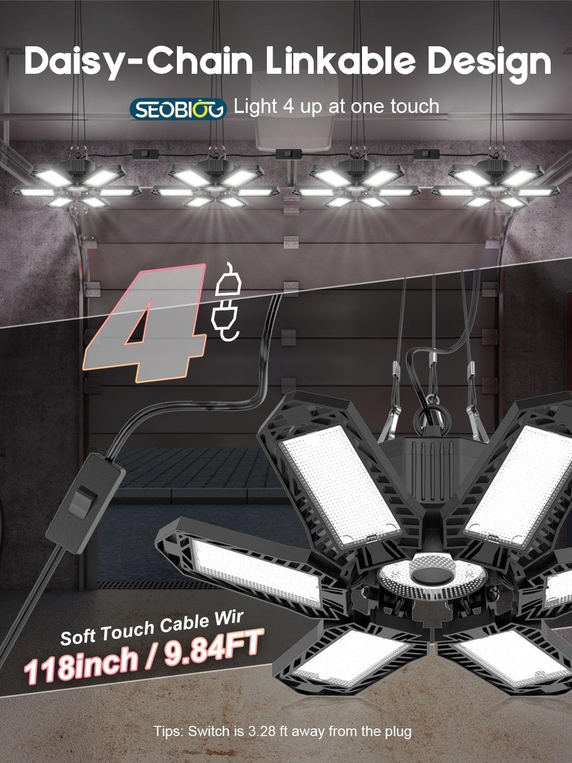 SEOBIOG Plug in Garage Light, 200W 20000LM Linkable Shop Light with On/Off Switch, 6500K Hanging LED Lights with 9.84ft Power Cord and US Plug, for Garage, Workshop,Work Bench