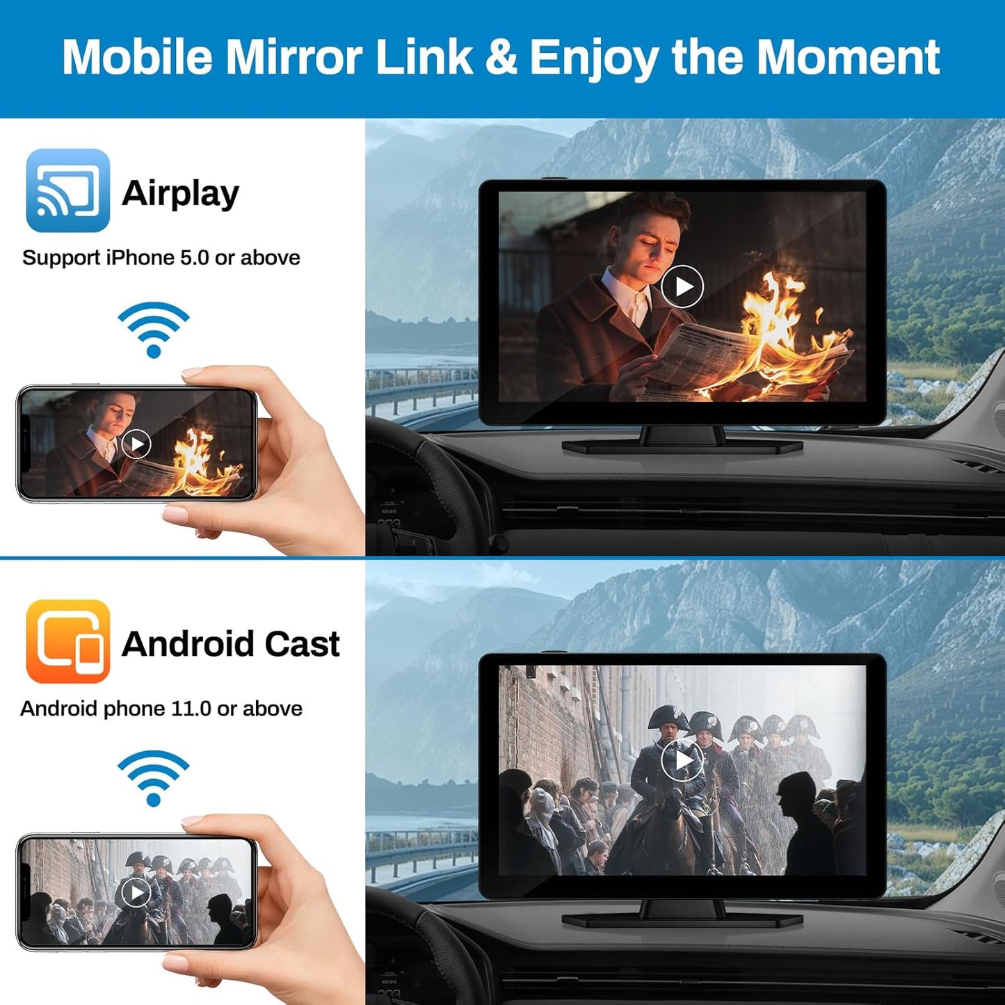 Wireless Carplay Screen for Car with 4K Dash Cam, 9" Portable Carplay & Android Auto, Car Touchscreen with 1080p Backup Camera, GPS Navigation/Voice Control/BT/Mirror Link/FM